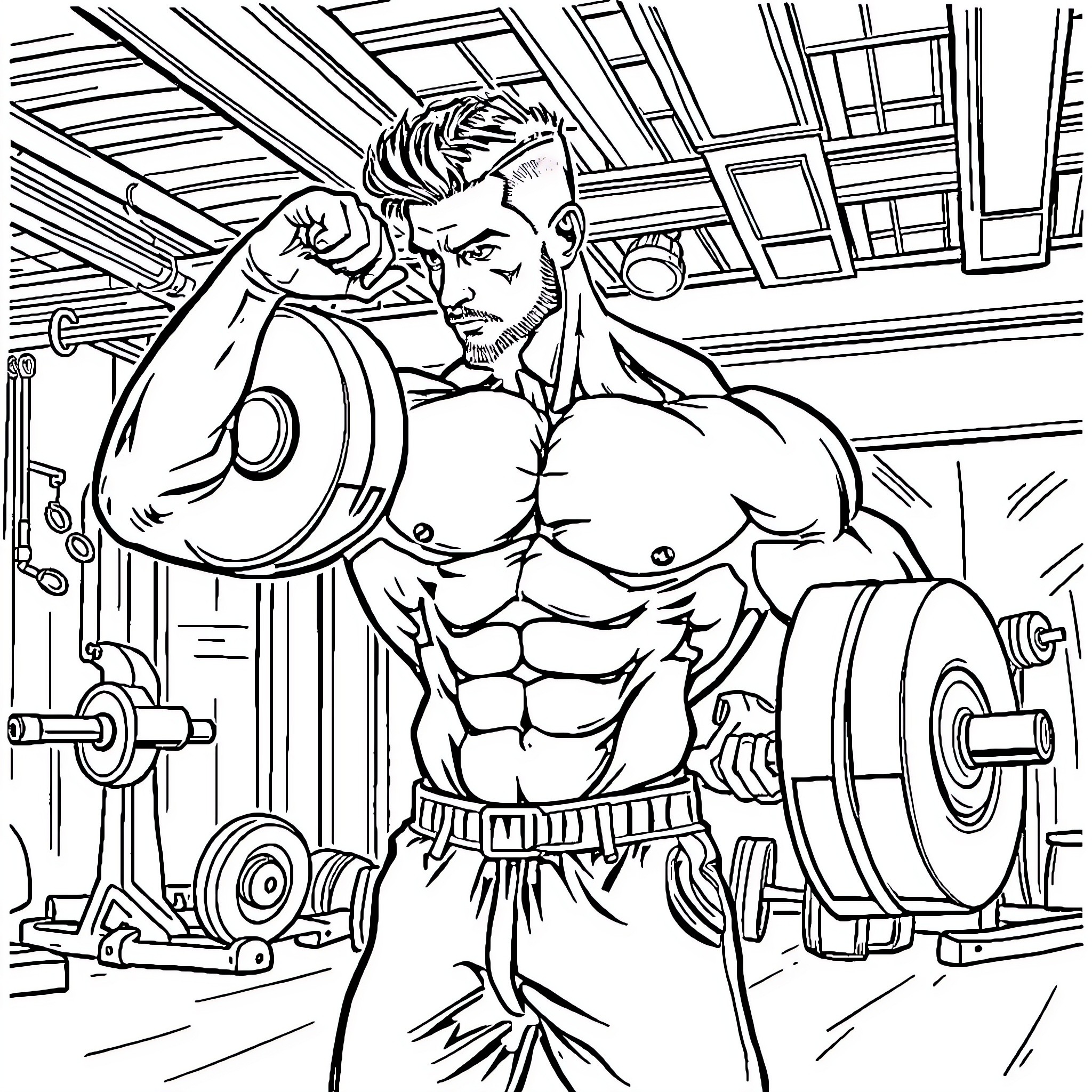Homme Bodybuilder Lifting Heavy Weights in Gym Coloring Page (free black-and-white line drawing printable PDF for all, from beginners to advanced learners, including children, teens, adults, and seniors)