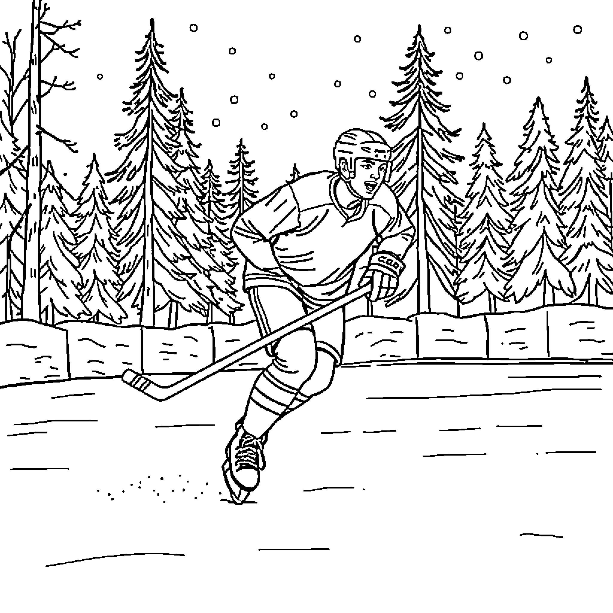 Hockey Player Skating in Snowy Forest Coloring Page (free black-and-white line drawing printable PDF for all, from beginners to advanced learners, including children, teens, adults, and seniors)