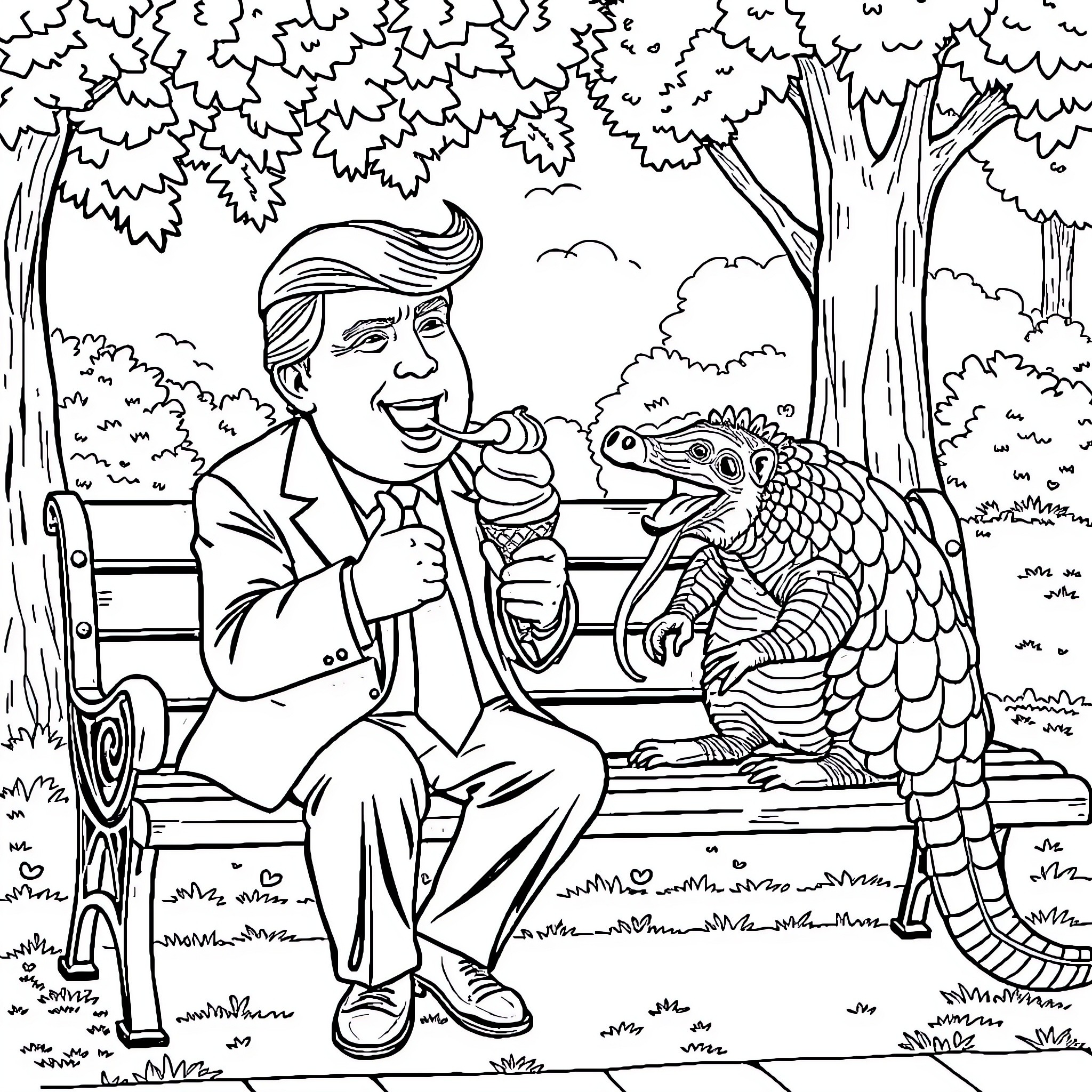 Donald Trump feeding an unusual creature in the park Coloring Page (free black-and-white line drawing printable PDF for all, from beginners to advanced learners, including children, teens, adults, and seniors)