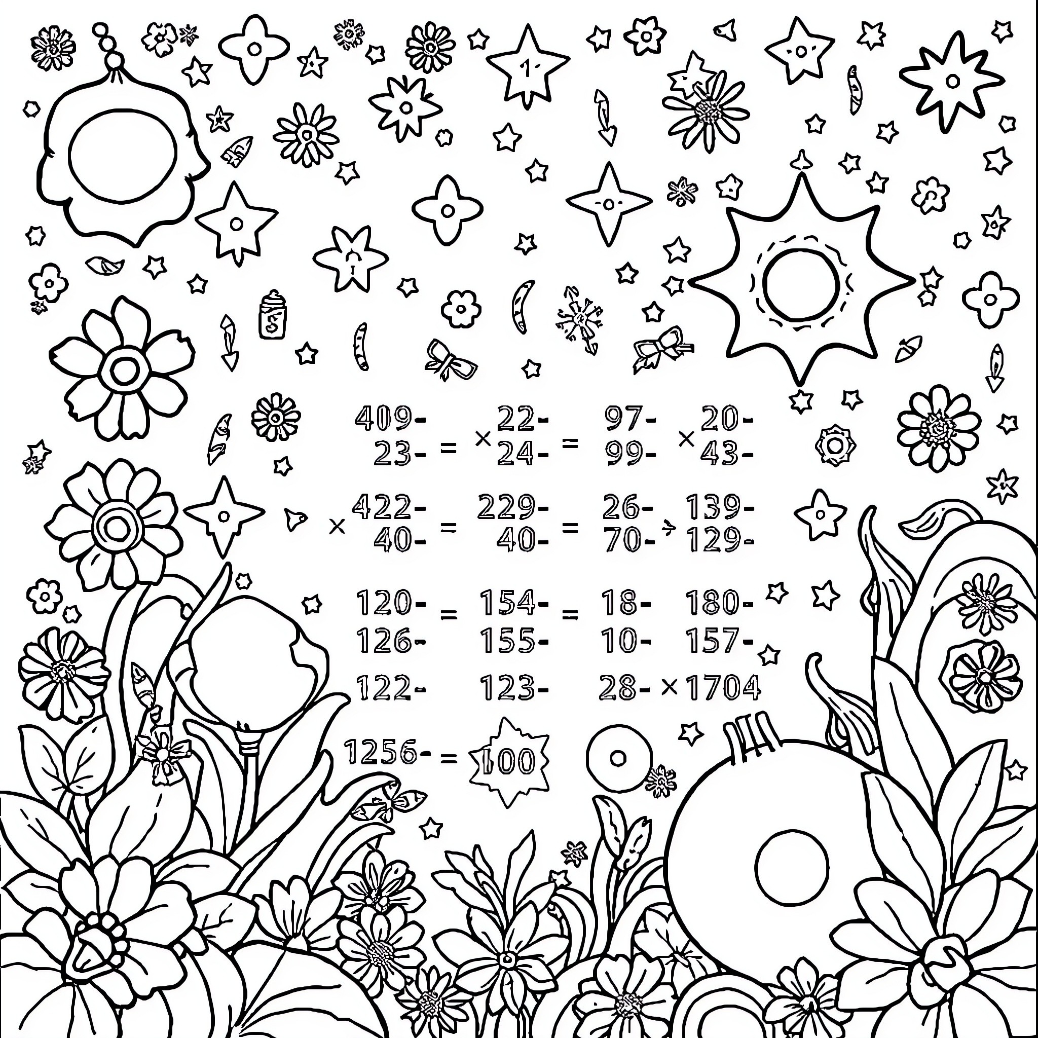 Multiplication Worksheets with Floral Designs Coloring Page (free black-and-white line drawing printable PDF for all, from beginners to advanced learners, including children, teens, adults, and seniors)