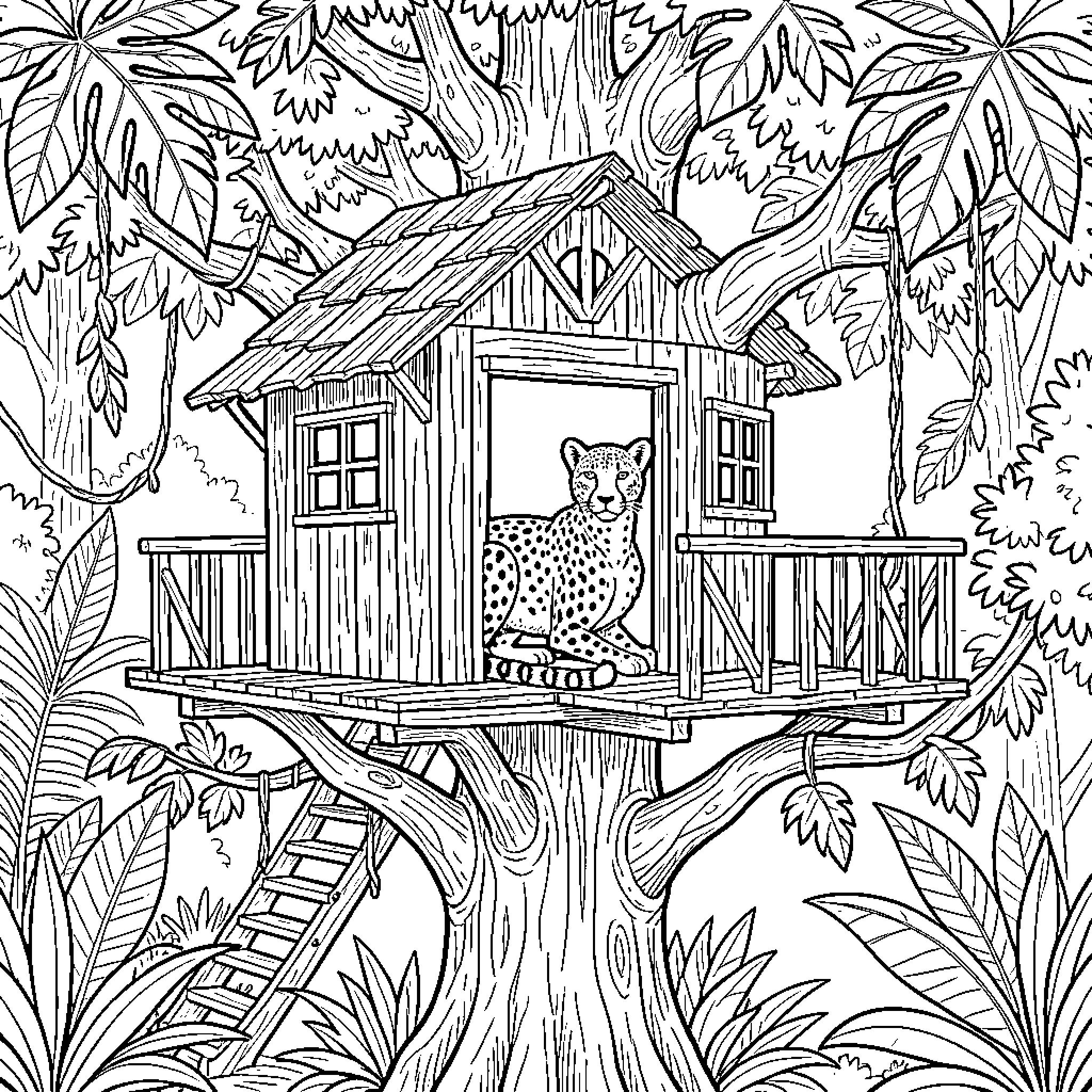 Tree House with a leopard resting on the balcony Coloring Page (free black-and-white line drawing printable PDF for all, from beginners to advanced learners, including children, teens, adults, and seniors)