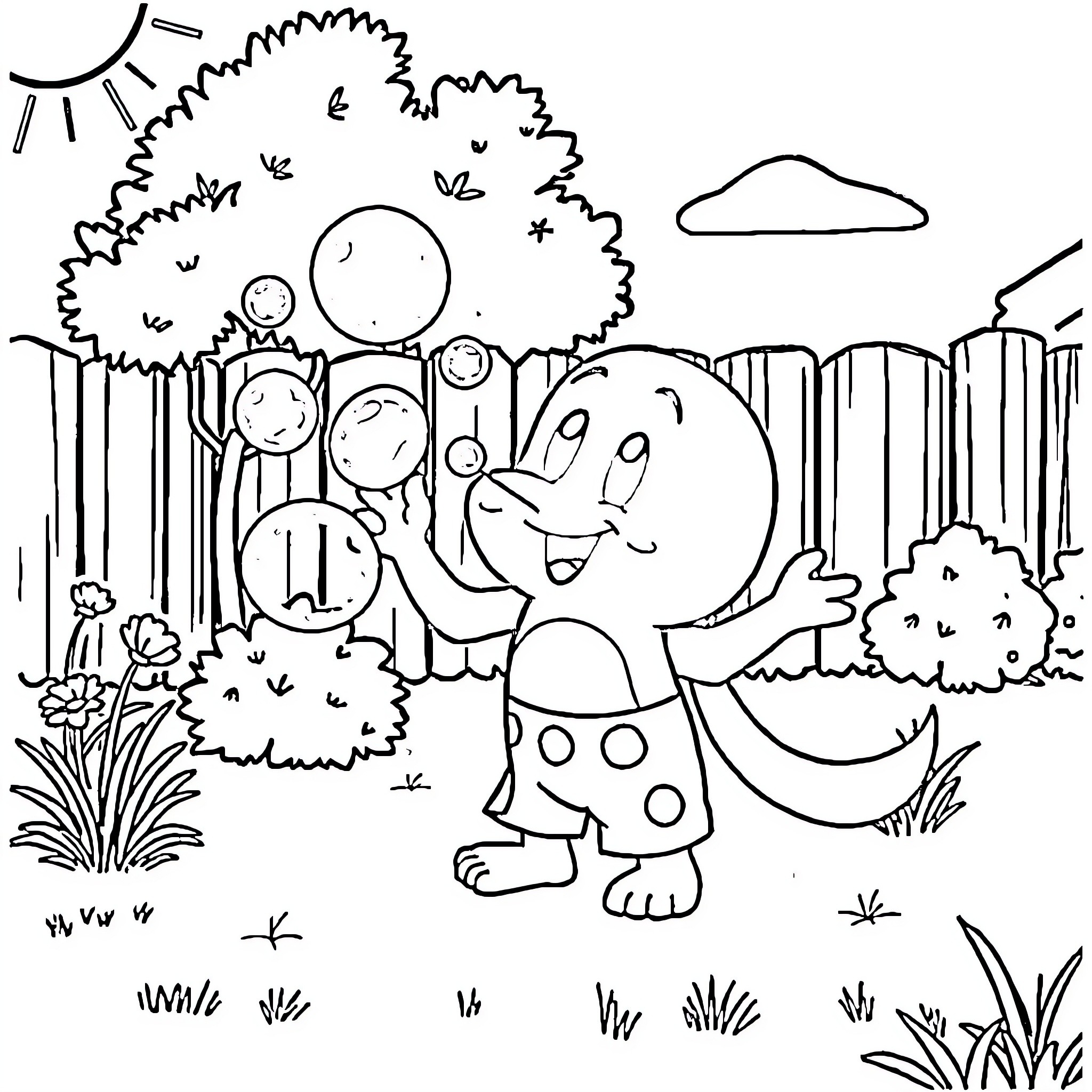 Blue Elephant Happily Playing in the Outdoors Coloring Page (free black-and-white line drawing printable PDF for all, from beginners to advanced learners, including children, teens, adults, and seniors)