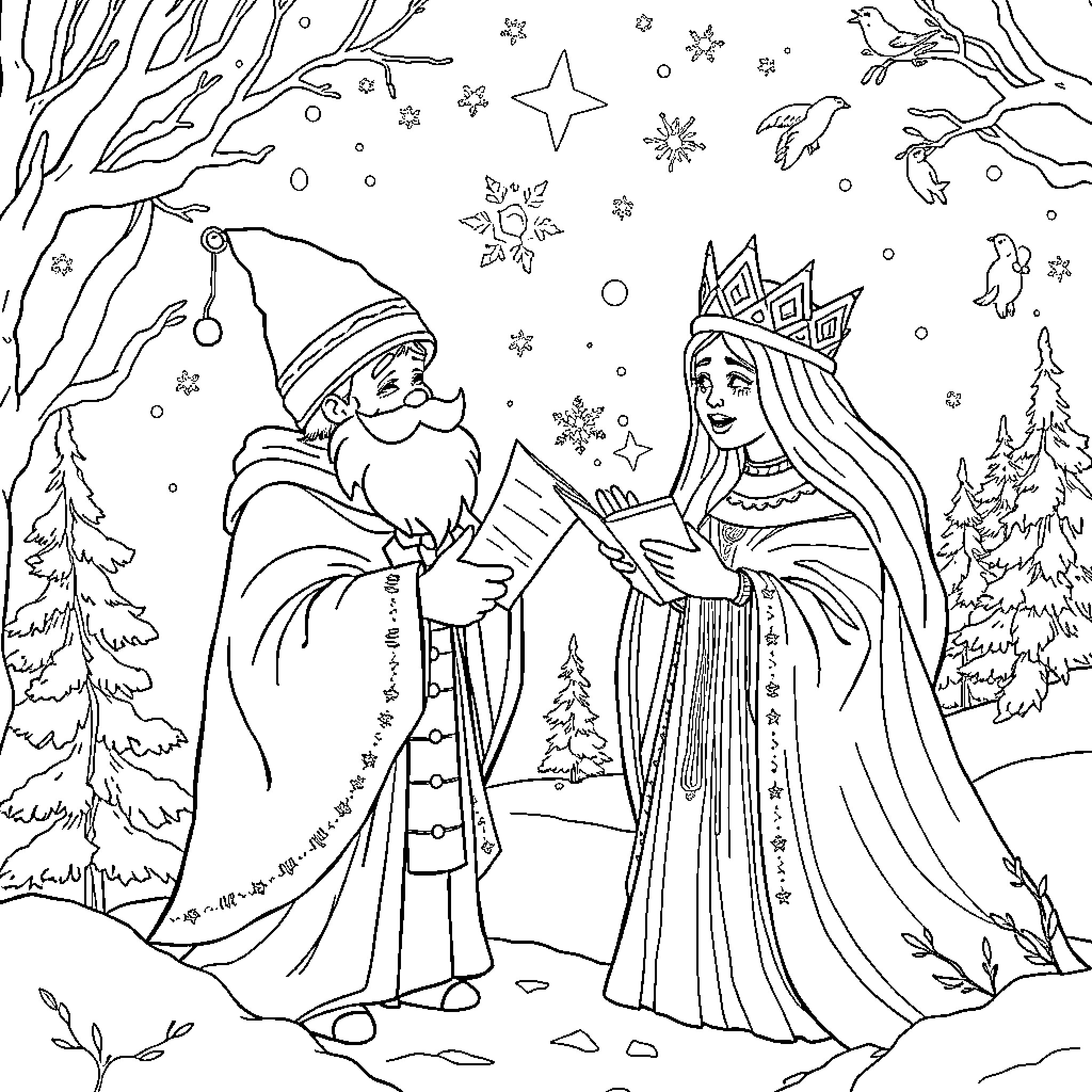 Saint Nicolas and the Snow Queen in the Winter Wonderland Coloring Page (free black-and-white line drawing printable PDF for all, from beginners to advanced learners, including children, teens, adults, and seniors)