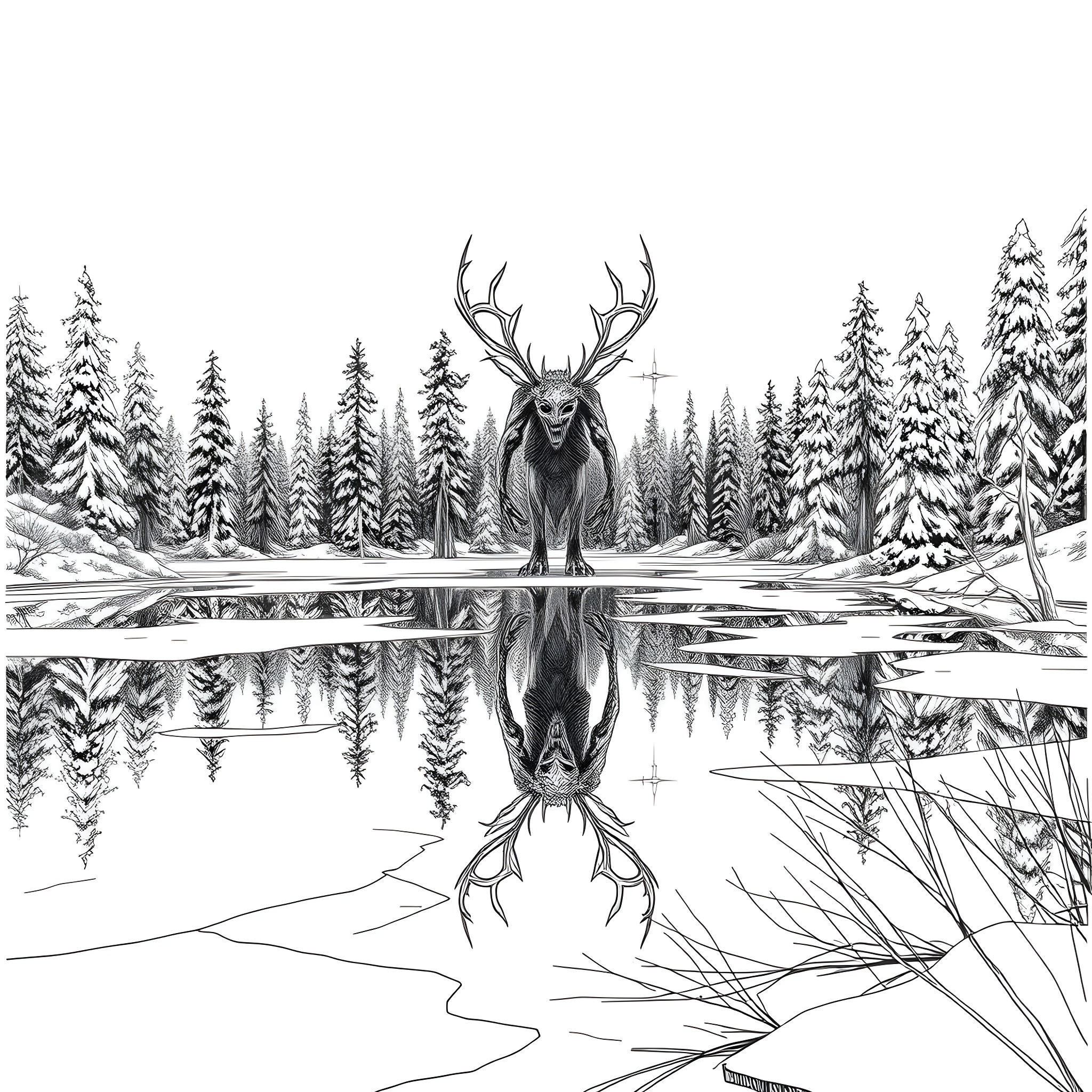 Wendigo's Icy Reflection in the Frozen Forest Coloring Page (free black-and-white line drawing printable PDF for all, from beginners to advanced learners, including children, teens, adults, and seniors)