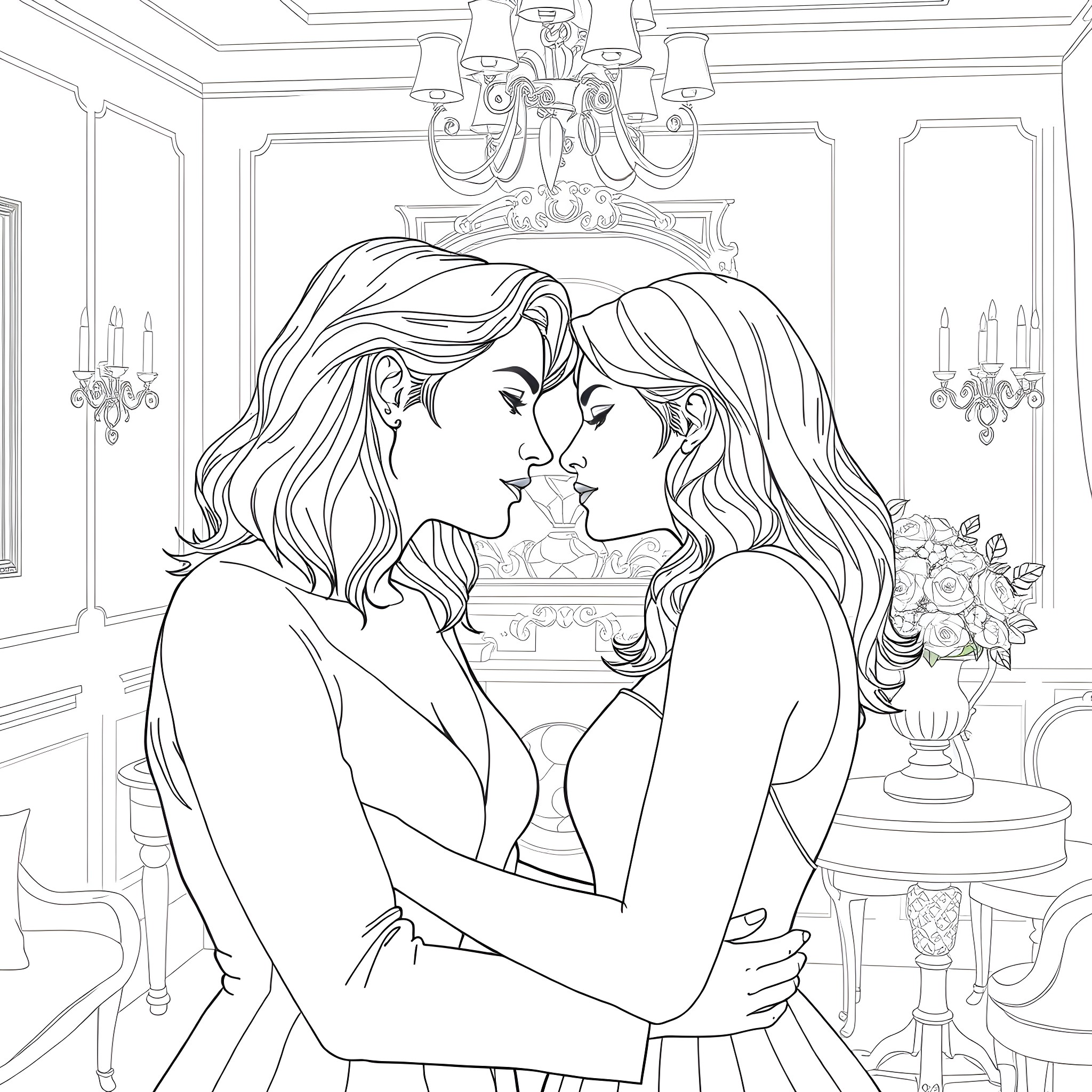 Jennifer Lawrence in an intimate embrace with her partner Coloring Page (free black-and-white line drawing printable PDF for all, from beginners to advanced learners, including children, teens, adults, and seniors)