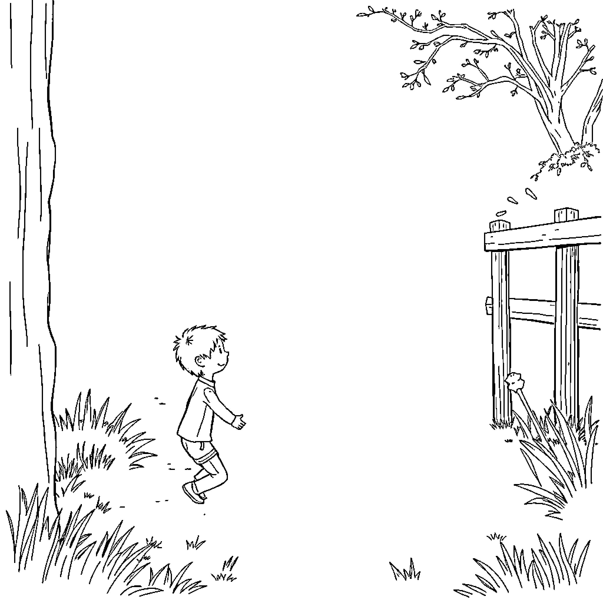 Kid playing joyfully in the natural outdoor setting Coloring Page (free black-and-white line drawing printable PDF for all, from beginners to advanced learners, including children, teens, adults, and seniors)