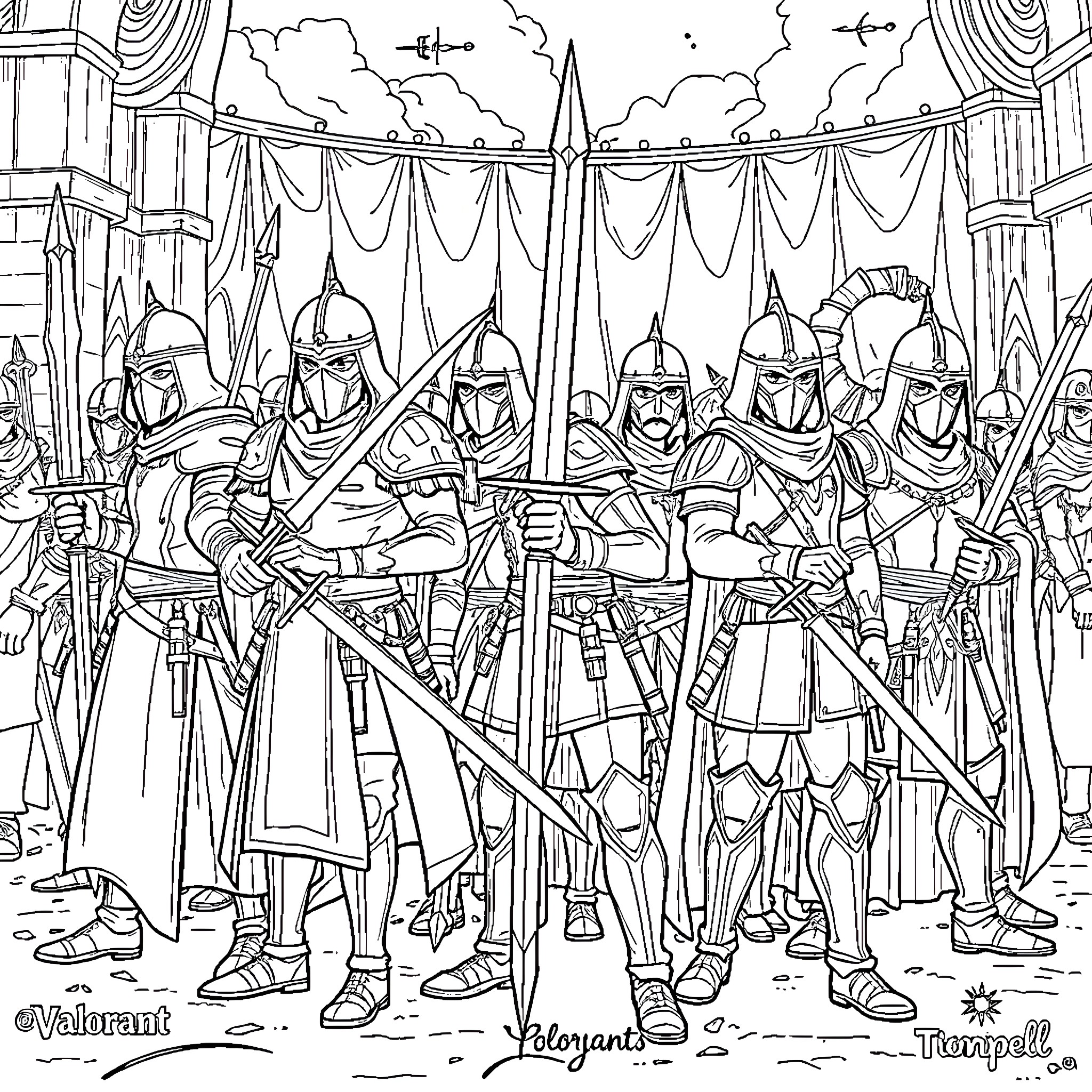Duelist Warriors Preparing for Battle in Armored Regalia Coloring Page (free black-and-white line drawing printable PDF for all, from beginners to advanced learners, including children, teens, adults, and seniors)
