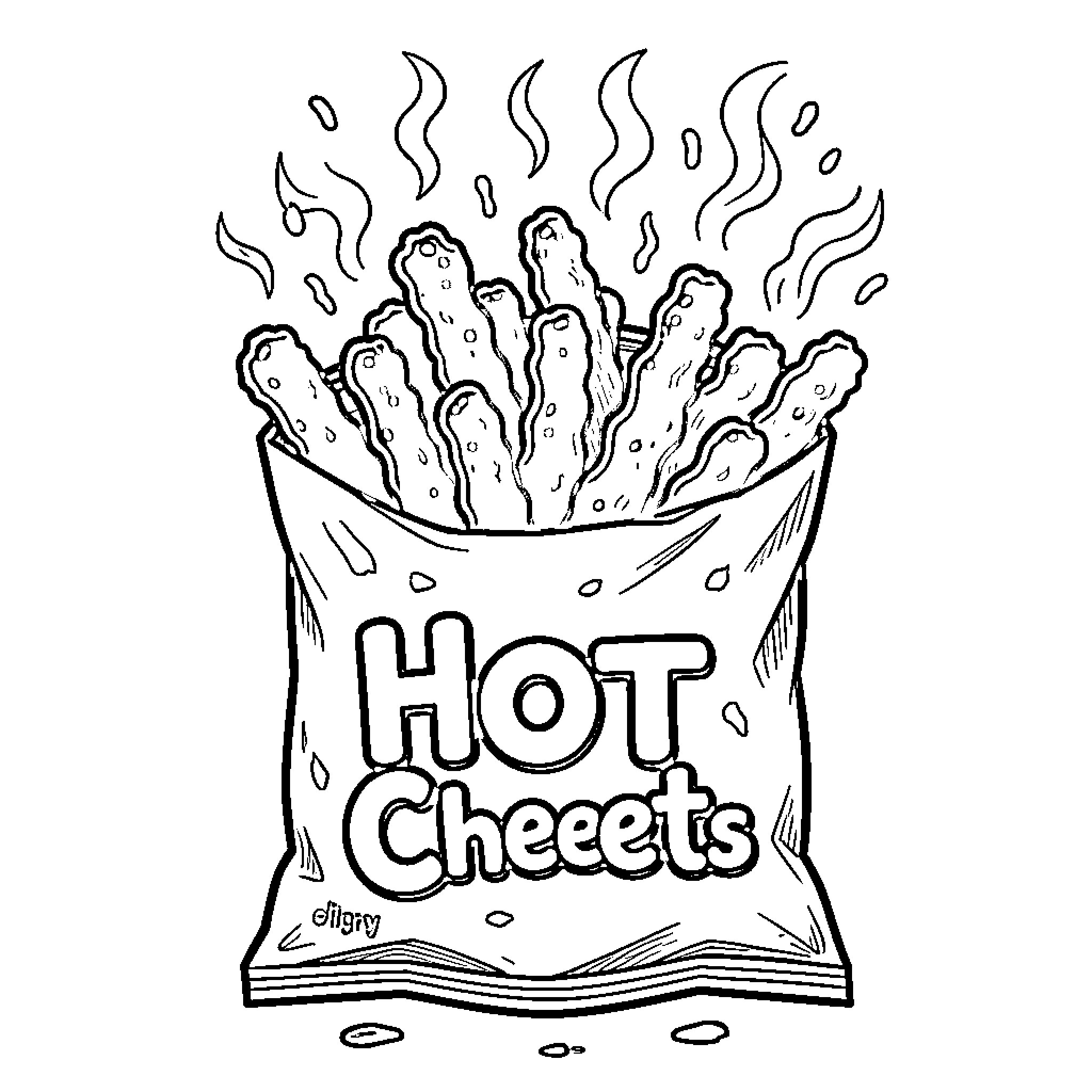 Hot Cheetos enjoying a snack Coloring Page (free black-and-white line drawing printable PDF for all, from beginners to advanced learners, including children, teens, adults, and seniors)
