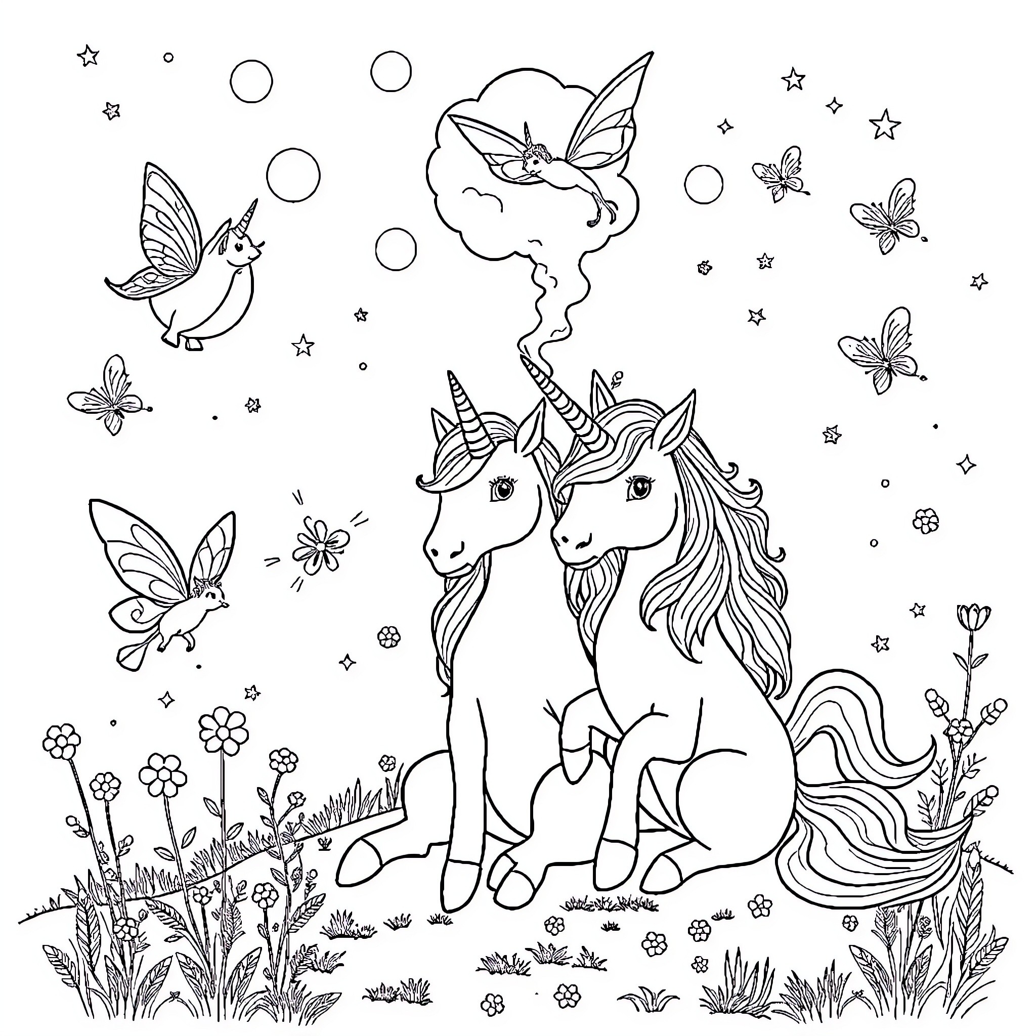 Unicorn companions in a whimsical fantasy landscape Coloring Page (free black-and-white line drawing printable PDF for all, from beginners to advanced learners, including children, teens, adults, and seniors)