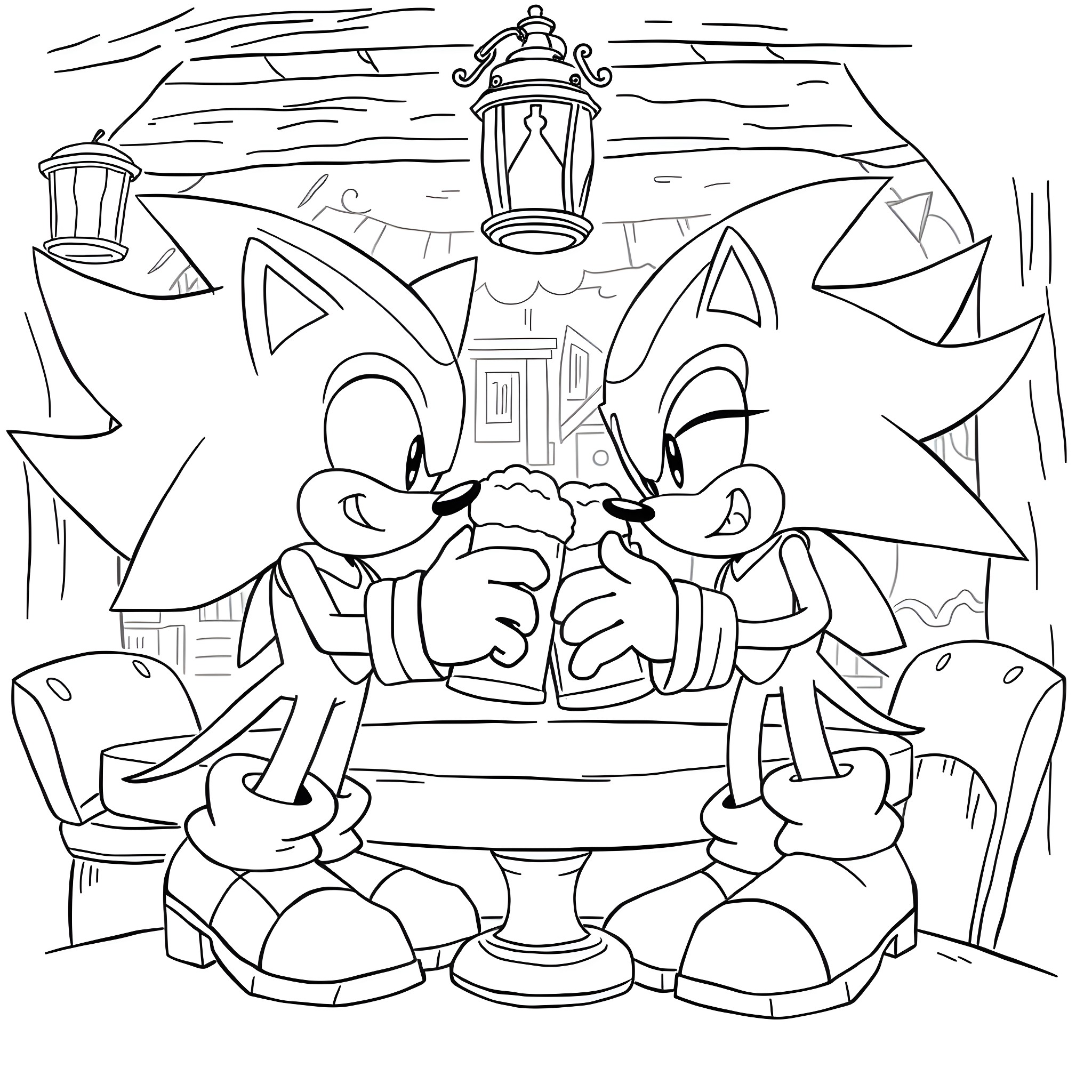 Sonic and friends sharing a moment in the storm Coloring Page (free black-and-white line drawing printable PDF for all, from beginners to advanced learners, including children, teens, adults, and seniors)