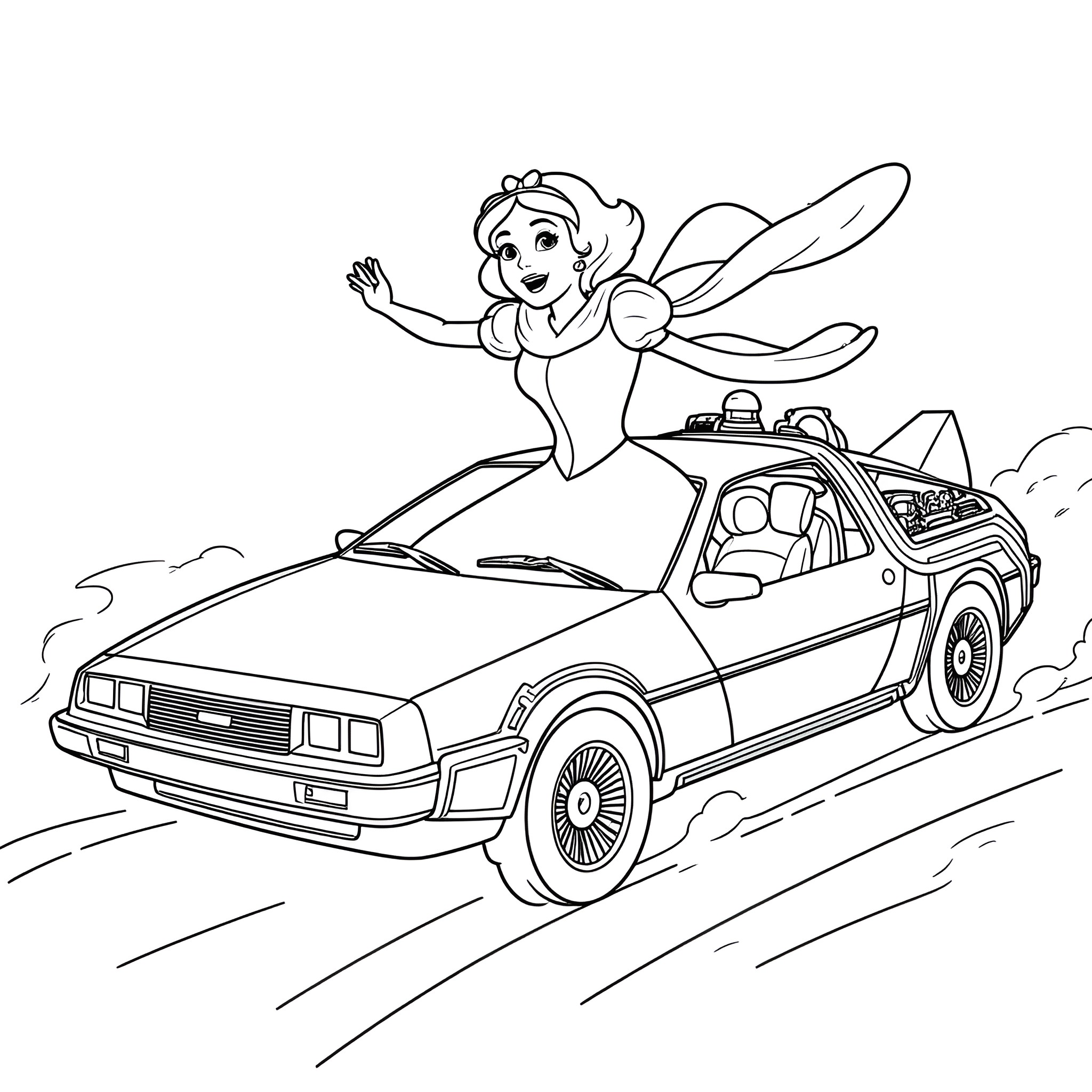 Snow White riding on a futuristic vehicle Coloring Page (free black-and-white line drawing printable PDF for all, from beginners to advanced learners, including children, teens, adults, and seniors)