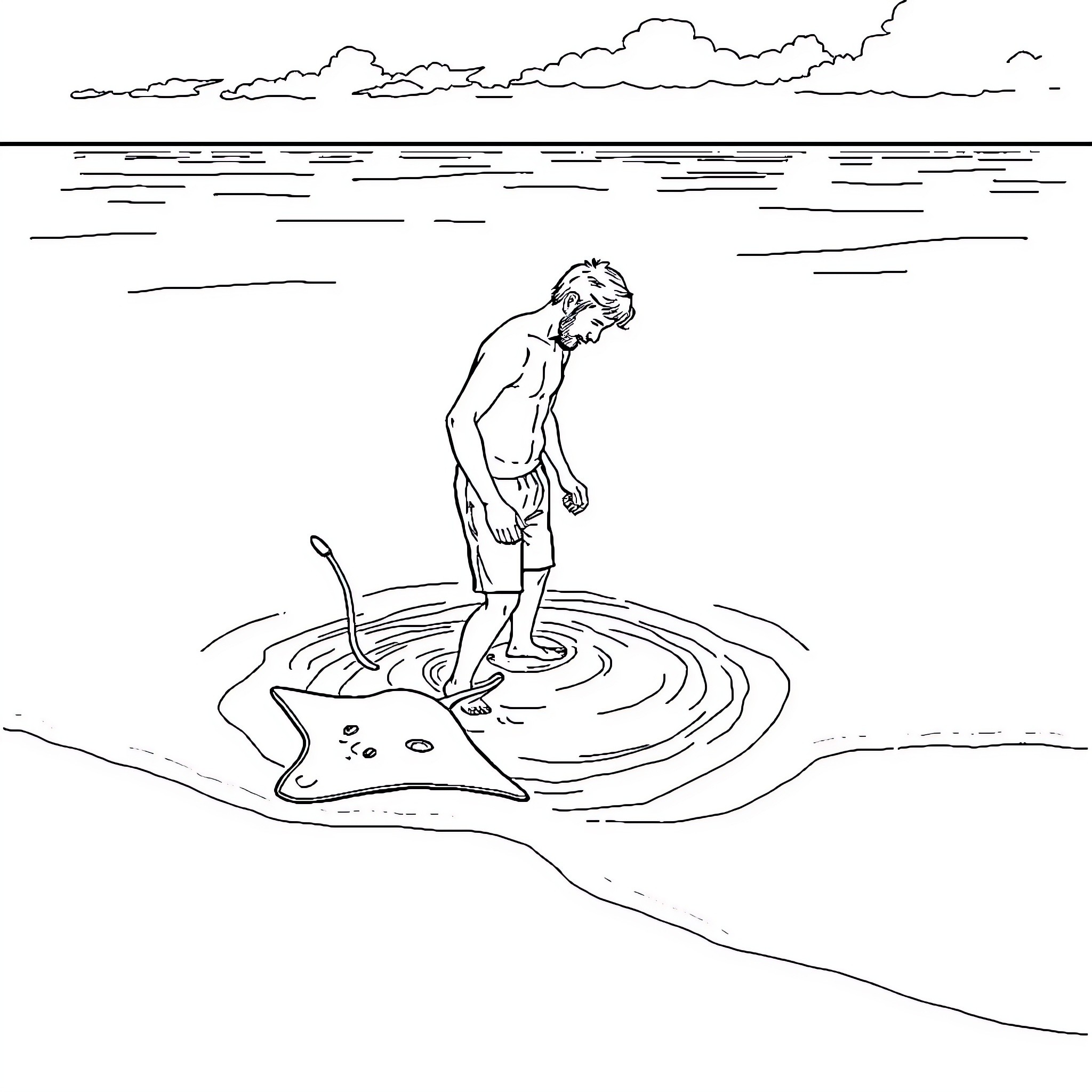 Man standing on a stingray in the ocean Coloring Page (free black-and-white line drawing printable PDF for all, from beginners to advanced learners, including children, teens, adults, and seniors)