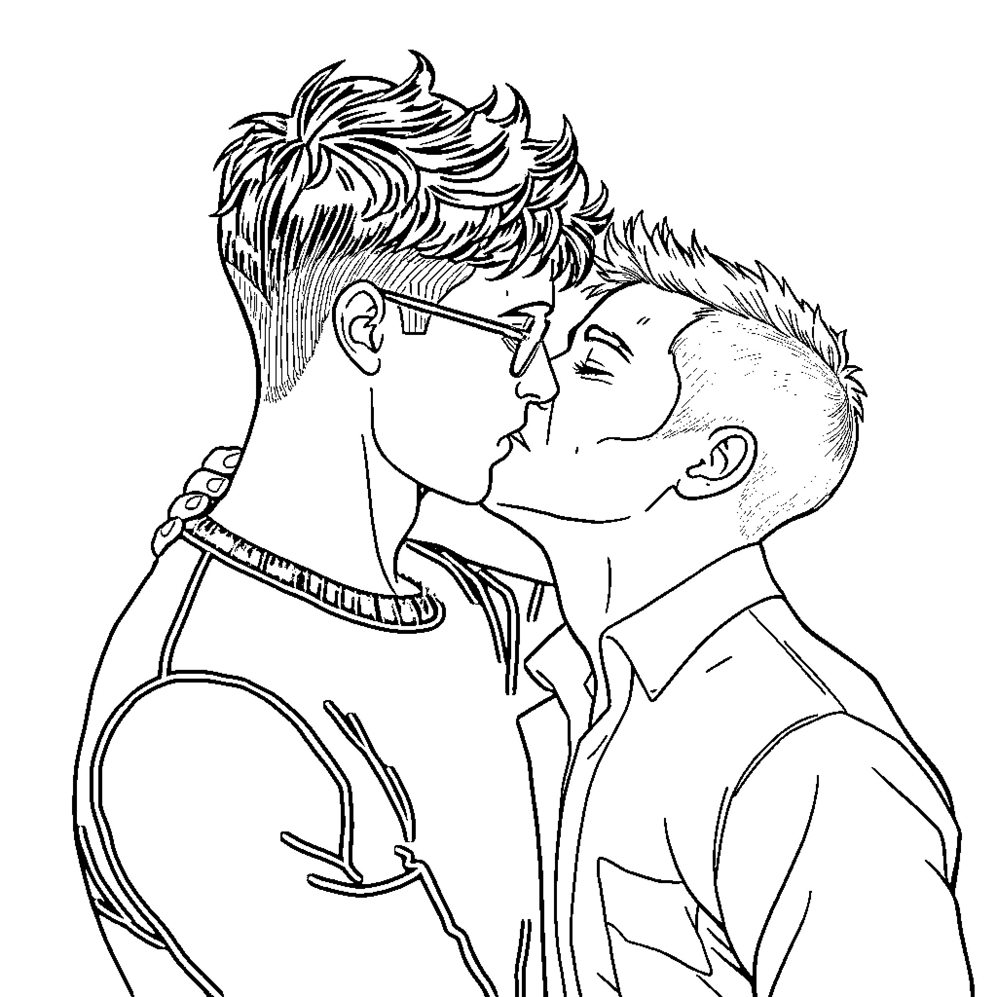 Man in intimate moment with another man Coloring Page (free black-and-white line drawing printable PDF for all, from beginners to advanced learners, including children, teens, adults, and seniors)
