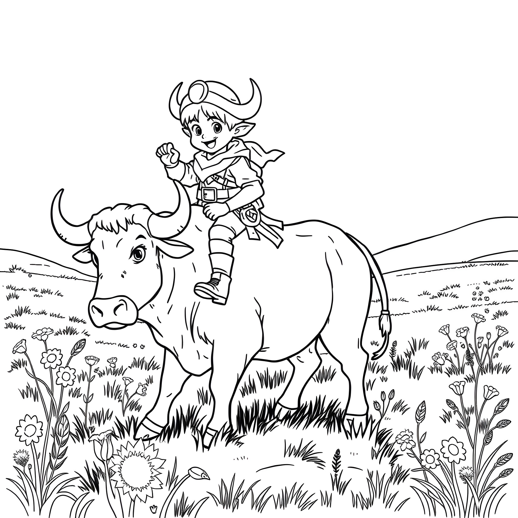 Halfling riding a jovial bovine in a lush meadow Coloring Page (free black-and-white line drawing printable PDF for all, from beginners to advanced learners, including children, teens, adults, and seniors)