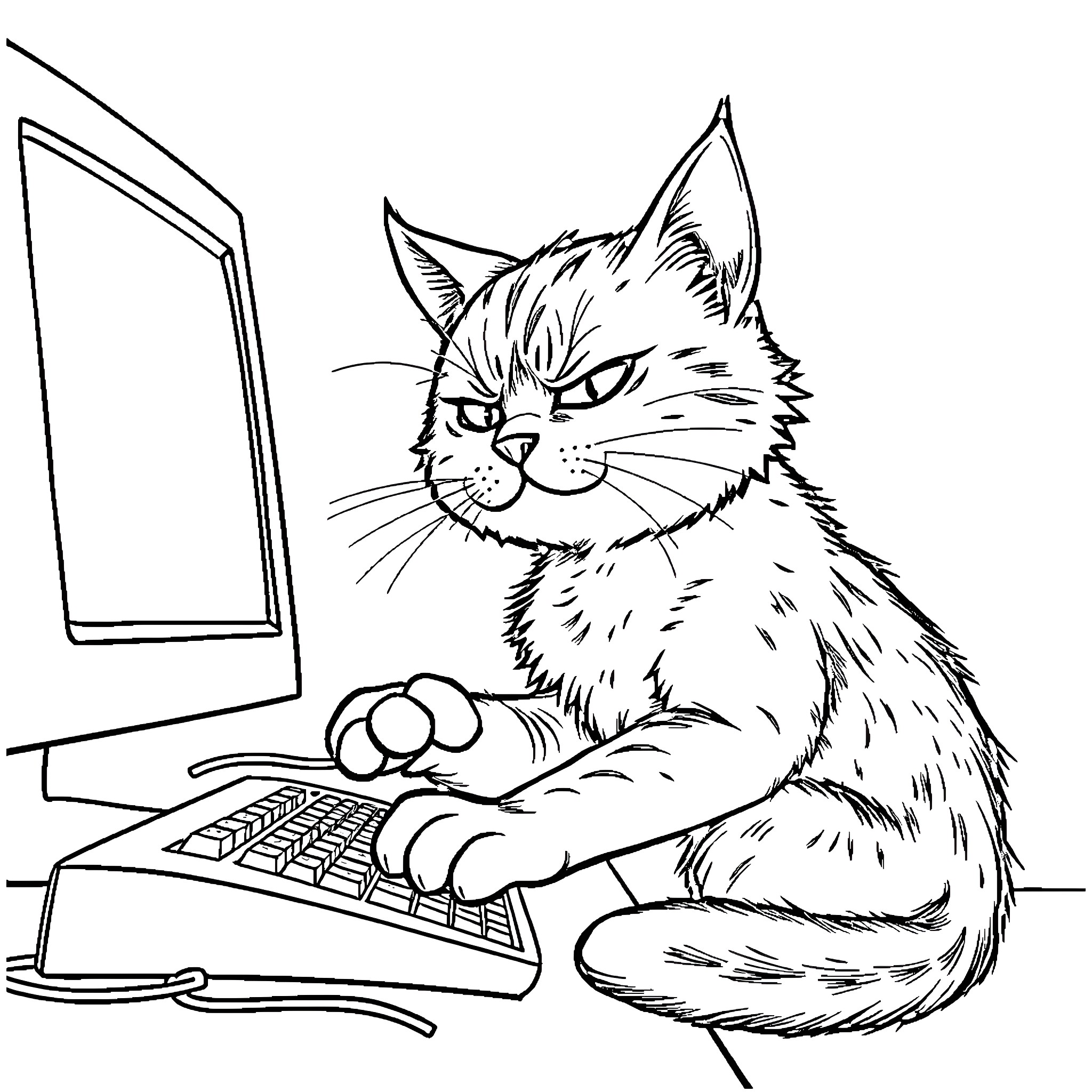 Cat working intently on computer Coloring Page (free black-and-white line drawing printable PDF for all, from beginners to advanced learners, including children, teens, adults, and seniors)