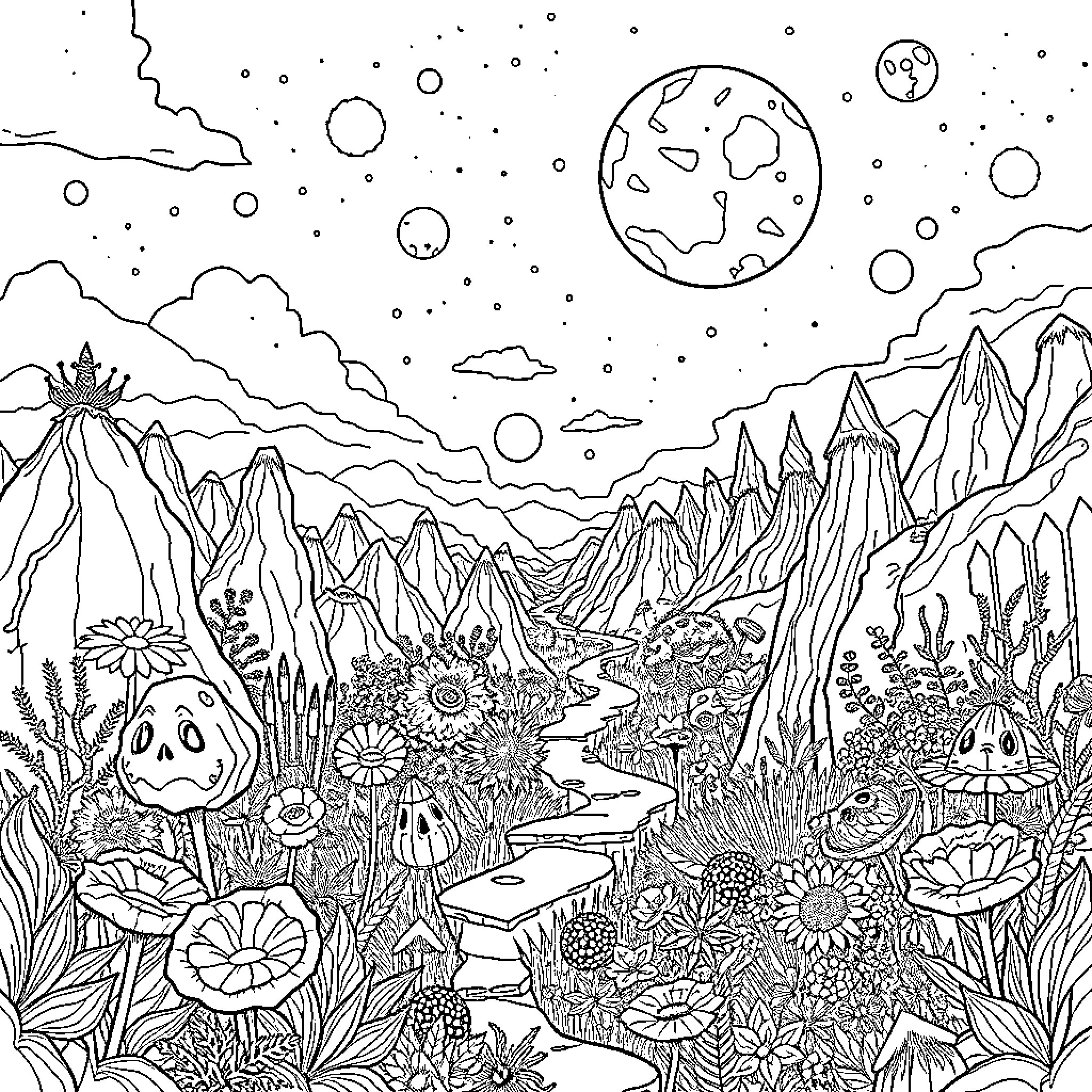 Fantasy cosmic landscape with alien flora and fauna Coloring Page (free black-and-white line drawing printable PDF for all, from beginners to advanced learners, including children, teens, adults, and seniors)