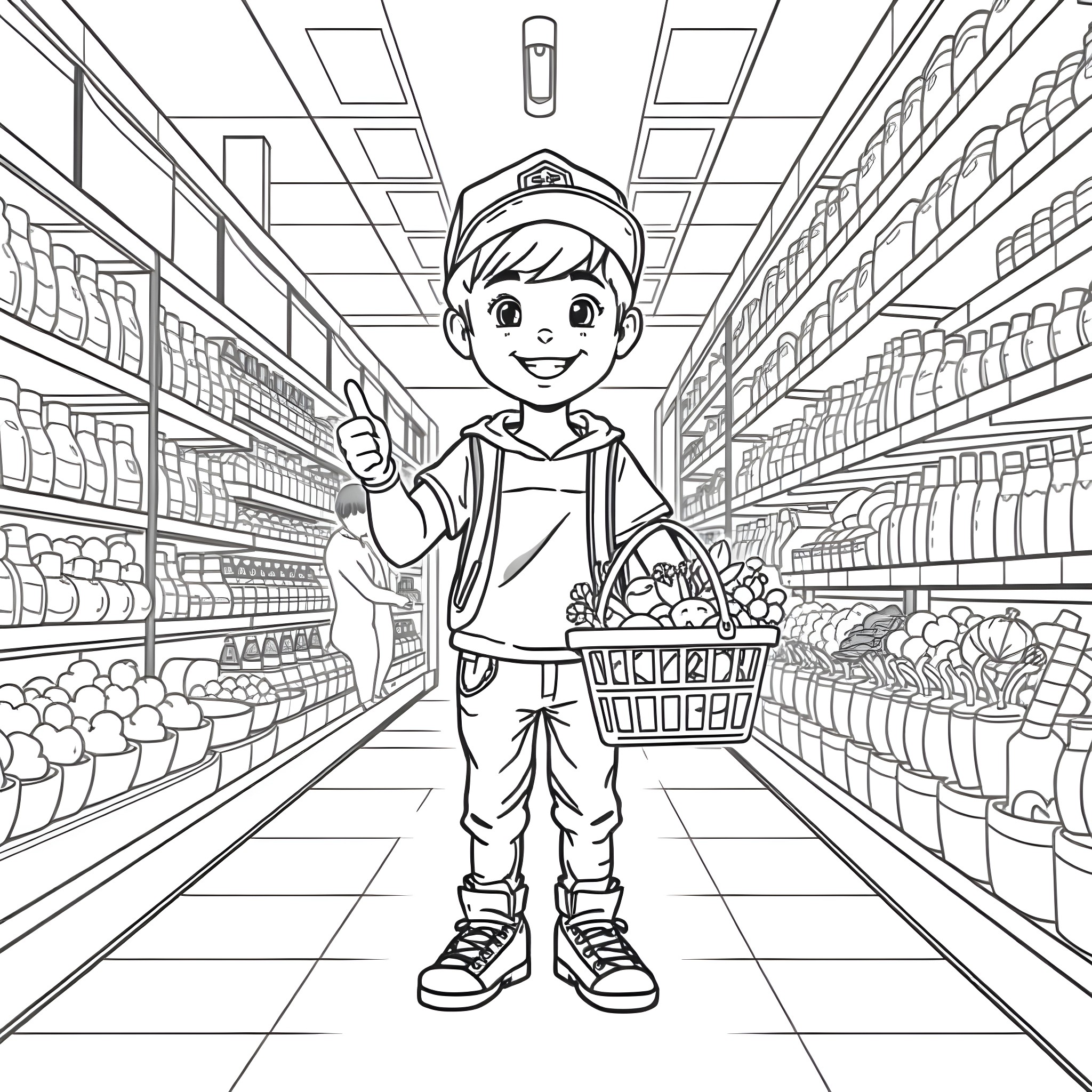 Boy shopping happily in grocery store Coloring Page (free black-and-white line drawing printable PDF for all, from beginners to advanced learners, including children, teens, adults, and seniors)