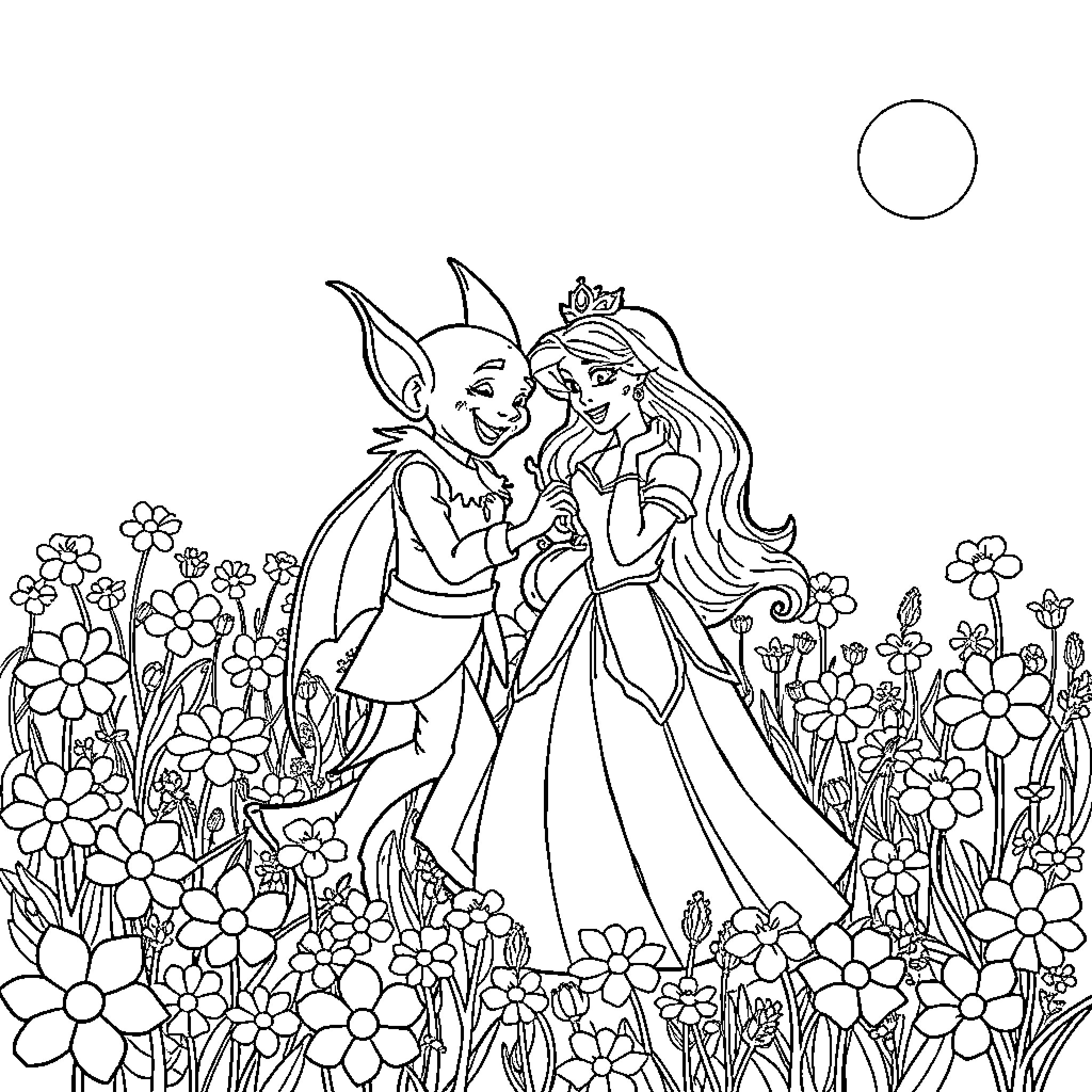 Goblin and princess dancing joyfully in floral meadow Coloring Page (free black-and-white line drawing printable PDF for all, from beginners to advanced learners, including children, teens, adults, and seniors)