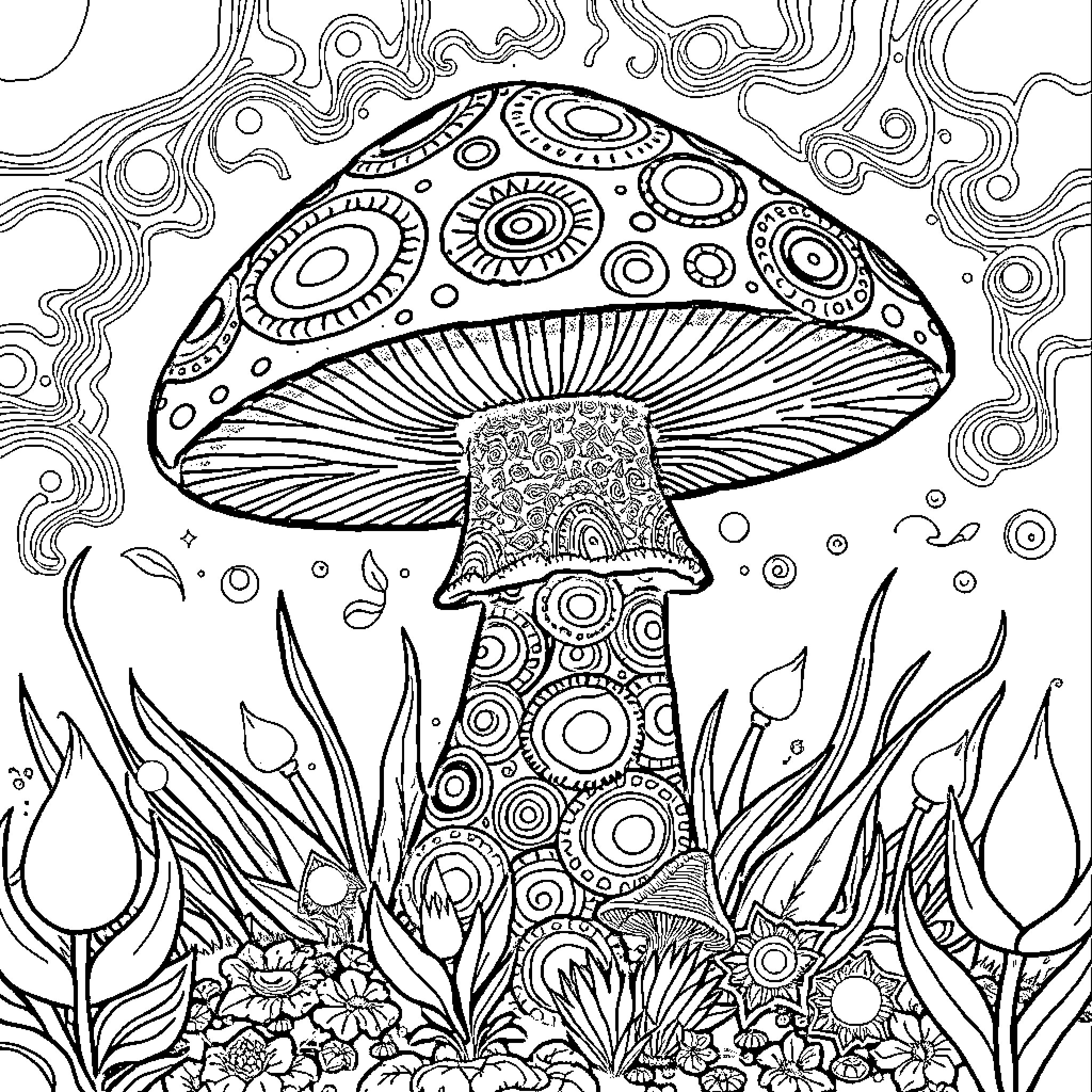 Mushroom in Whimsical Nature Scene Coloring Page (free black-and-white line drawing printable PDF for all, from beginners to advanced learners, including children, teens, adults, and seniors)