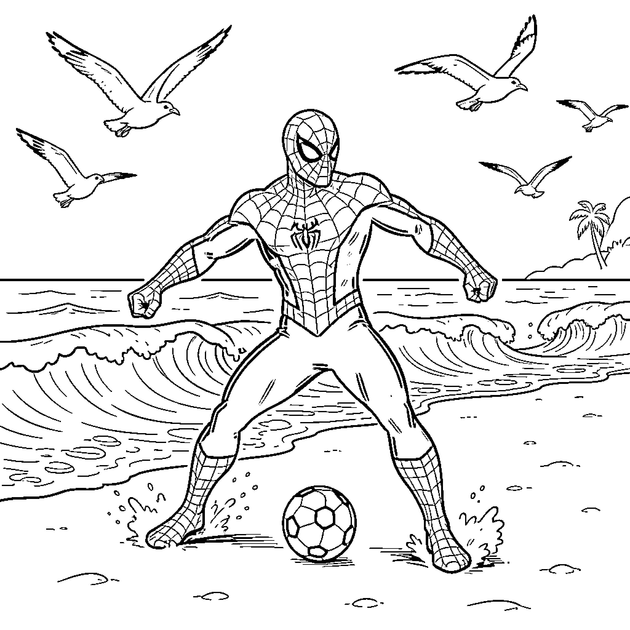 Spiderman posing heroically on a beach near waves Coloring Page (free black-and-white line drawing printable PDF for all, from beginners to advanced learners, including children, teens, adults, and seniors)
