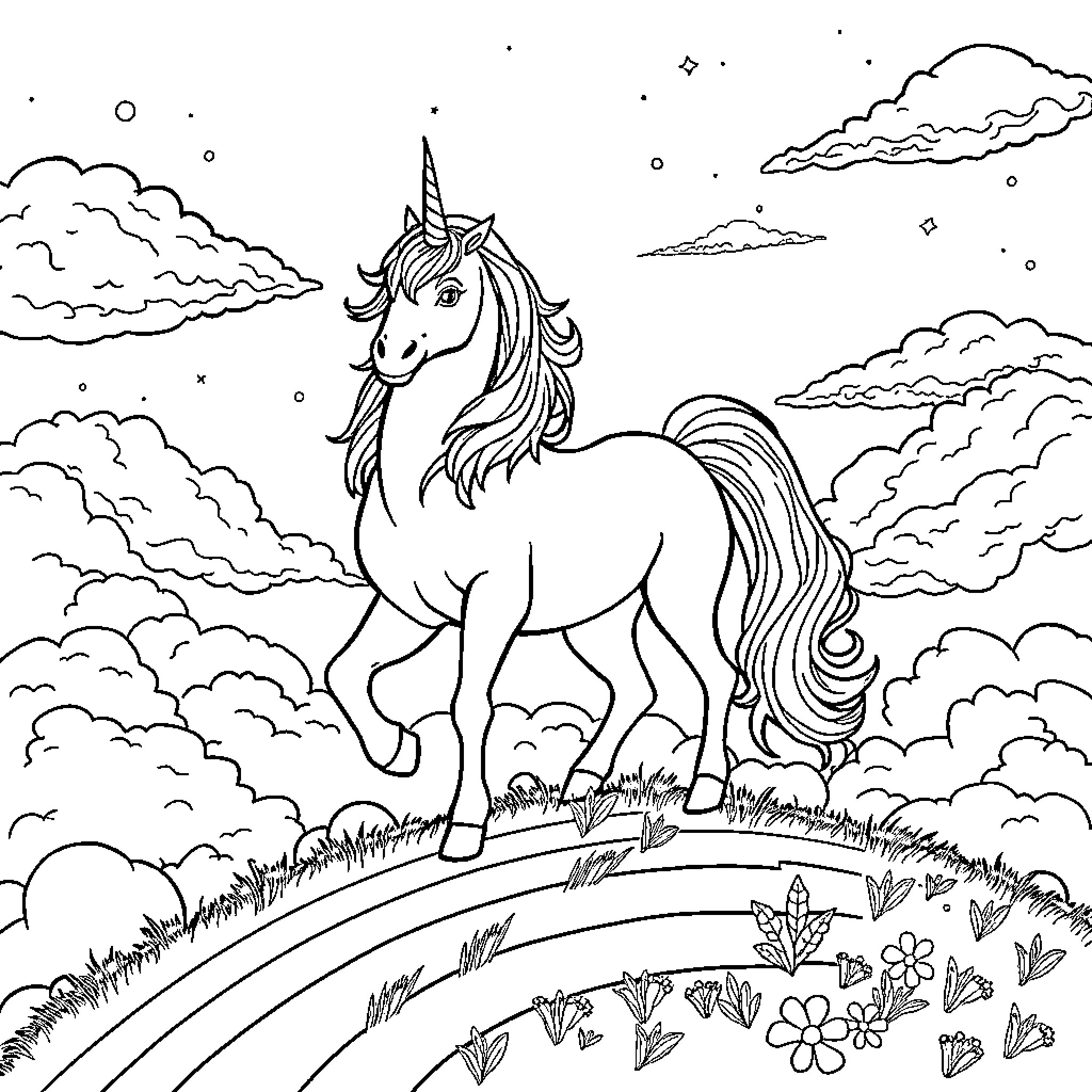 Unicorn standing majestically in a dreamlike landscape Coloring Page (free black-and-white line drawing printable PDF for all, from beginners to advanced learners, including children, teens, adults, and seniors)
