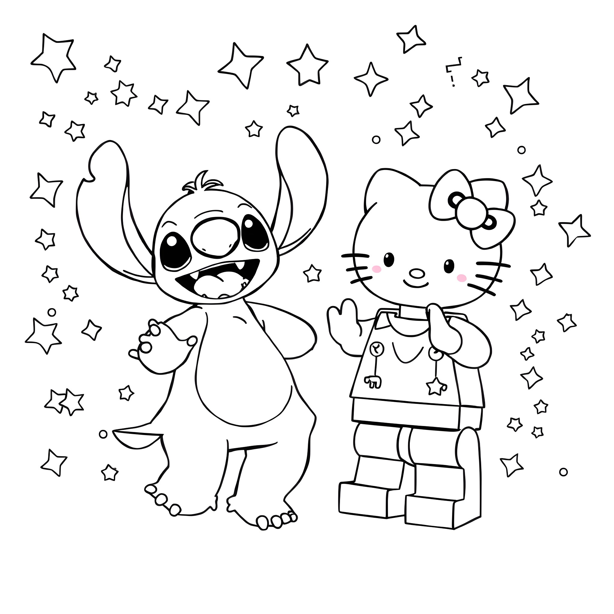 Stitch and Hello Kitty playing among the stars Coloring Page (free black-and-white line drawing printable PDF for all, from beginners to advanced learners, including children, teens, adults, and seniors)