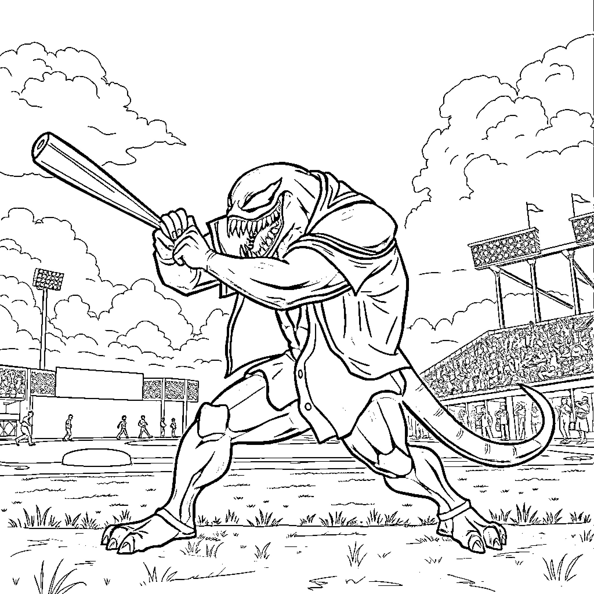 Venom Batting in a Baseball Stadium Coloring Page (free black-and-white line drawing printable PDF for all, from beginners to advanced learners, including children, teens, adults, and seniors)