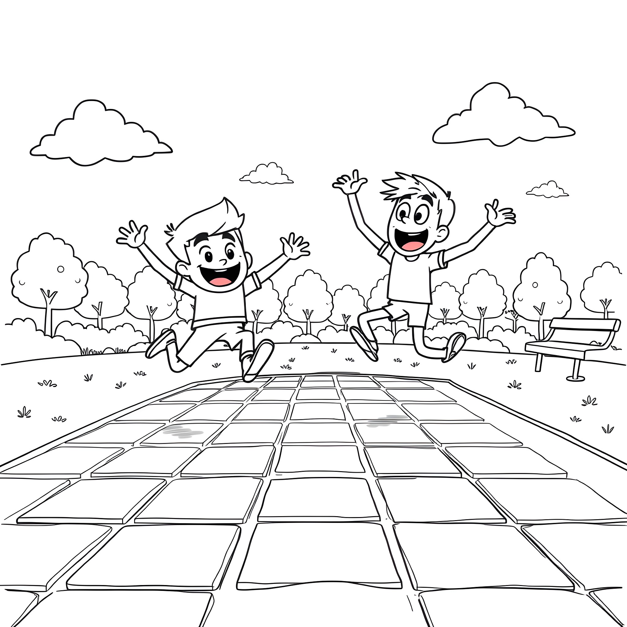 Akinator characters playing joyfully in the park Coloring Page (free black-and-white line drawing printable PDF for all, from beginners to advanced learners, including children, teens, adults, and seniors)