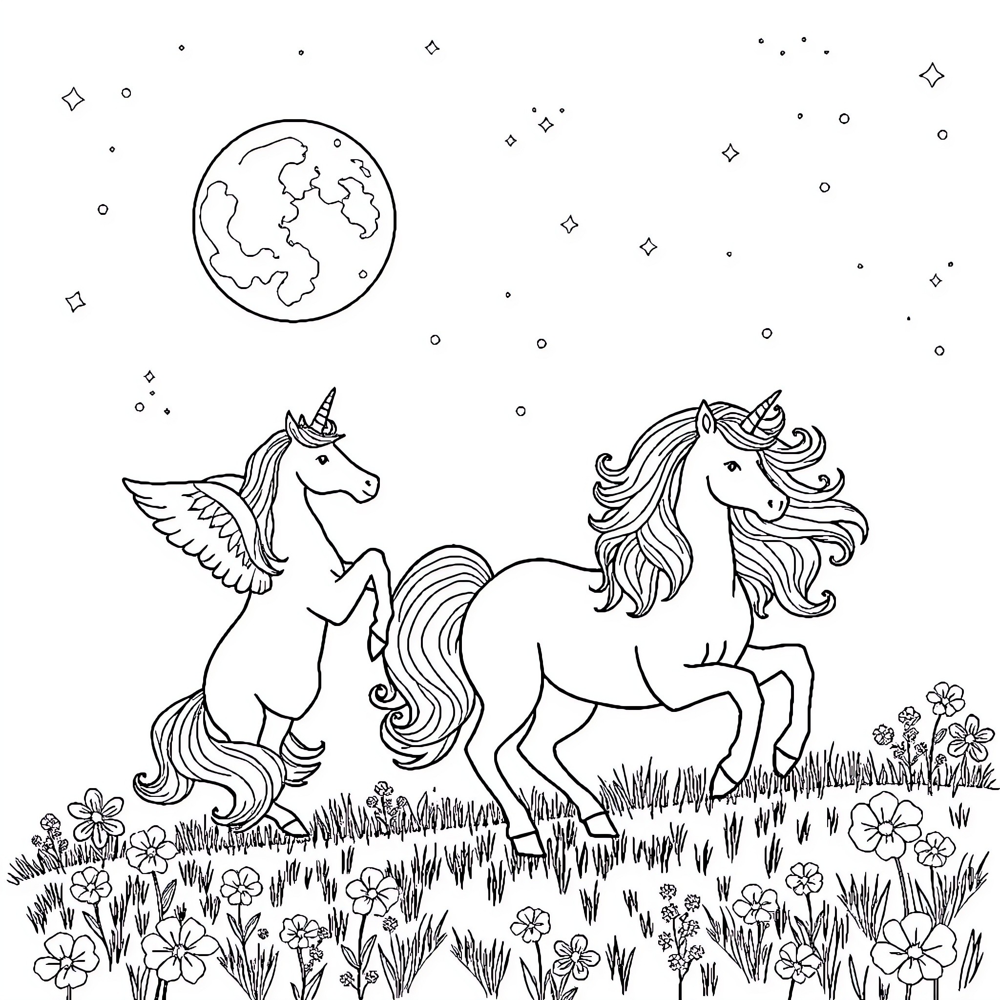 Unicorn Galloping Through Enchanted Meadow Coloring Page (free black-and-white line drawing printable PDF for all, from beginners to advanced learners, including children, teens, adults, and seniors)