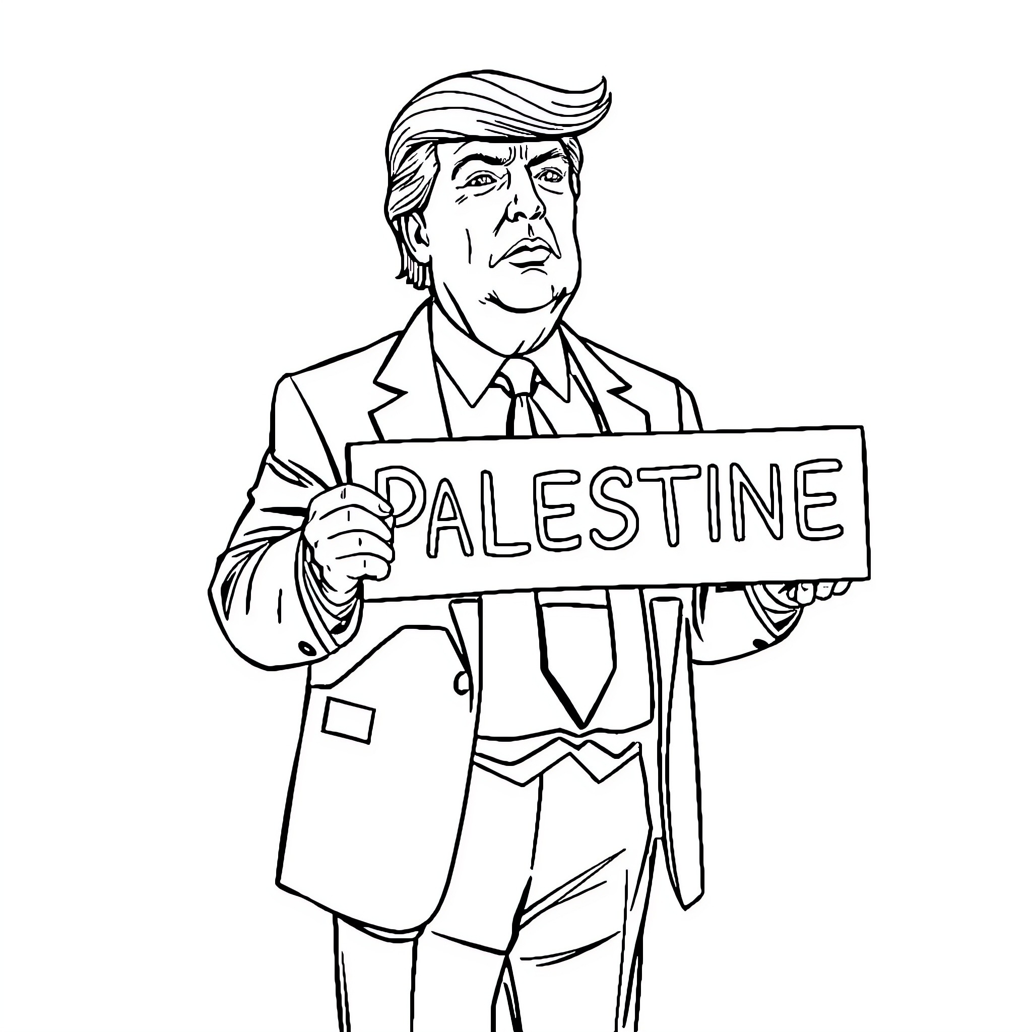 Donald Trump holding 'Palestine' sign in protest Coloring Page (free black-and-white line drawing printable PDF for all, from beginners to advanced learners, including children, teens, adults, and seniors)
