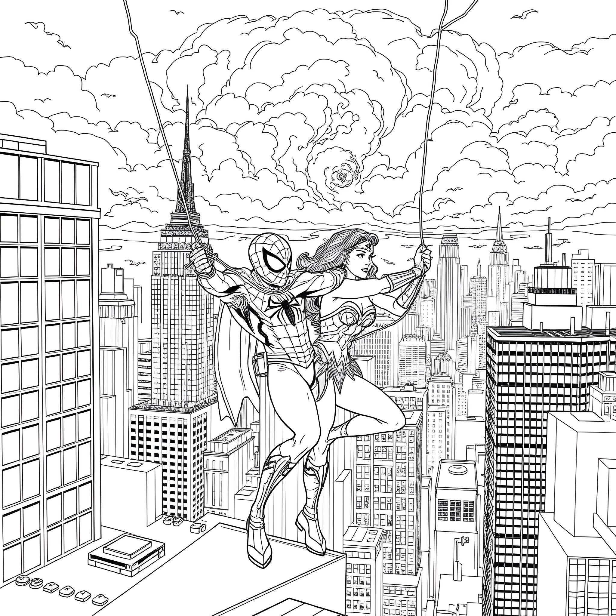 Spider-Man swinging through the city with a companion Coloring Page (free black-and-white line drawing printable PDF for all, from beginners to advanced learners, including children, teens, adults, and seniors)