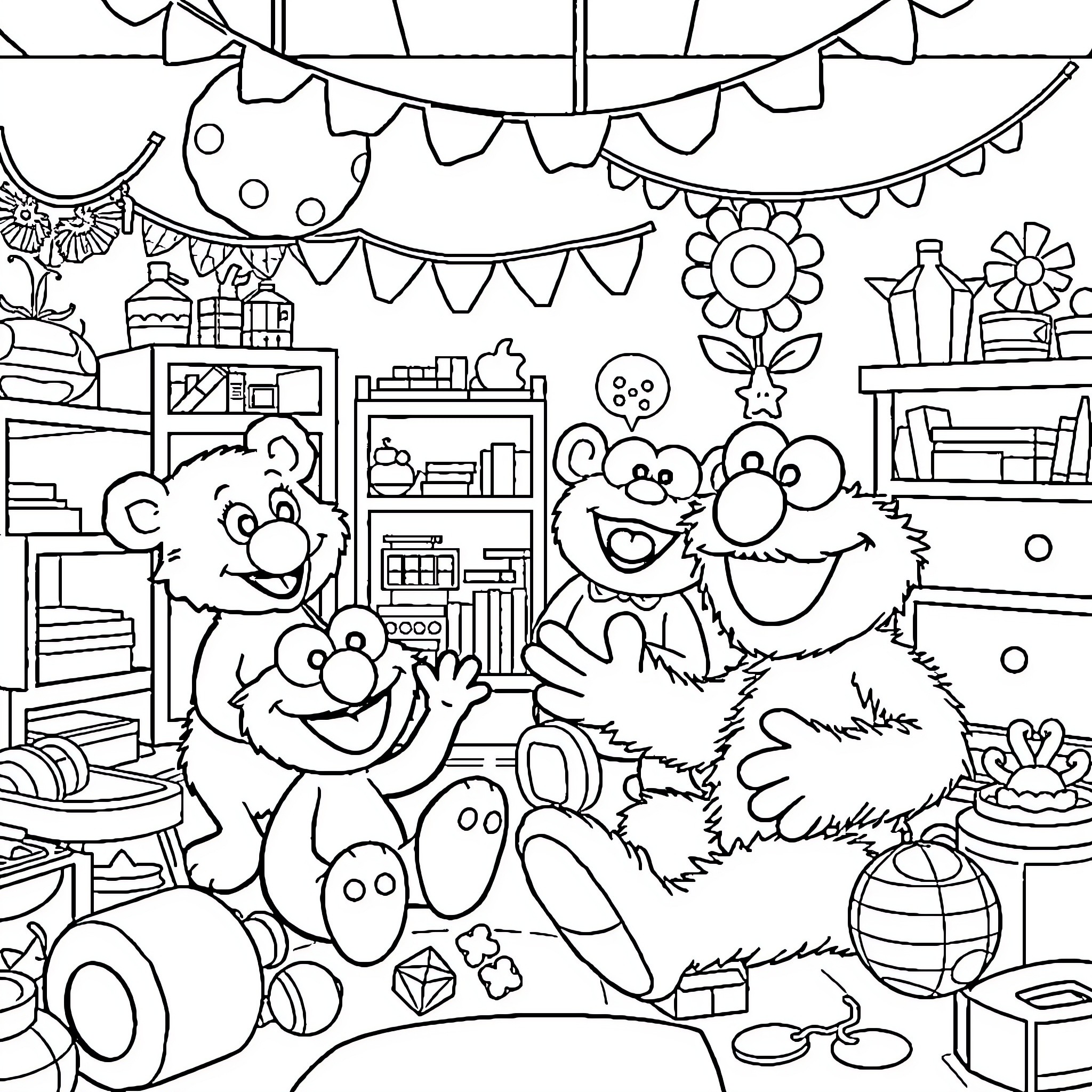 Elmo and Friends Celebrate Joyful Party in Cozy Room Coloring Page (free black-and-white line drawing printable PDF for all, from beginners to advanced learners, including children, teens, adults, and seniors)