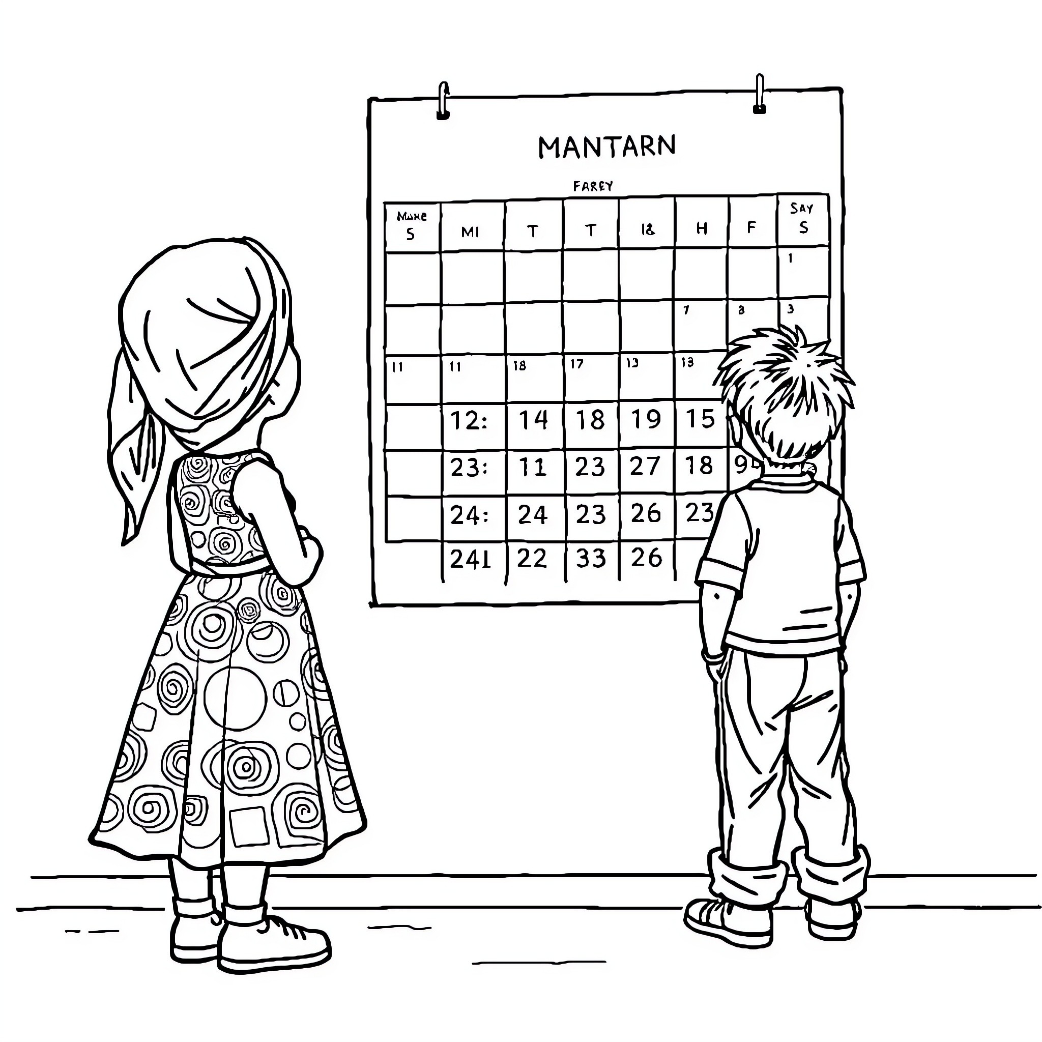 Child studying calendar with friend Coloring Page (free black-and-white line drawing printable PDF for all, from beginners to advanced learners, including children, teens, adults, and seniors)