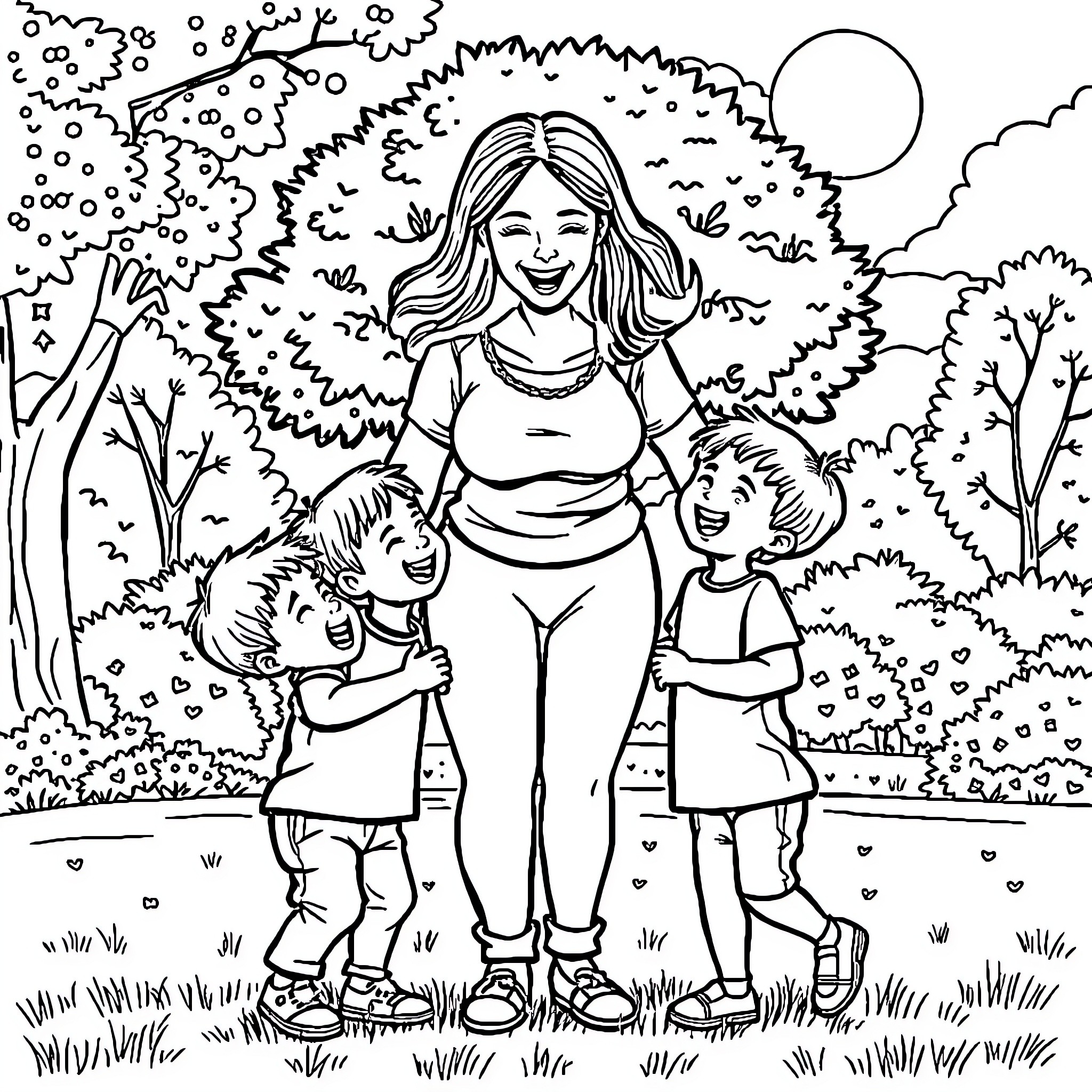 Boy and siblings exploring nature happily Coloring Page (free black-and-white line drawing printable PDF for all, from beginners to advanced learners, including children, teens, adults, and seniors)