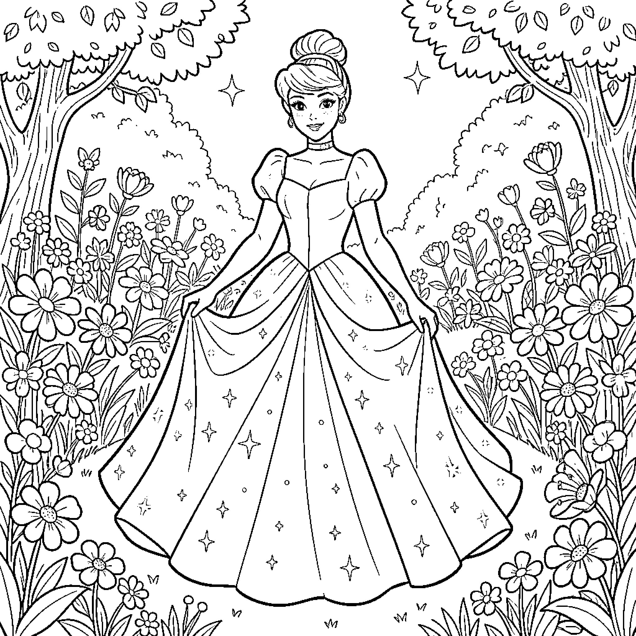Princess in Enchanted Flower Garden Coloring Page (free black-and-white line drawing printable PDF for all, from beginners to advanced learners, including children, teens, adults, and seniors)