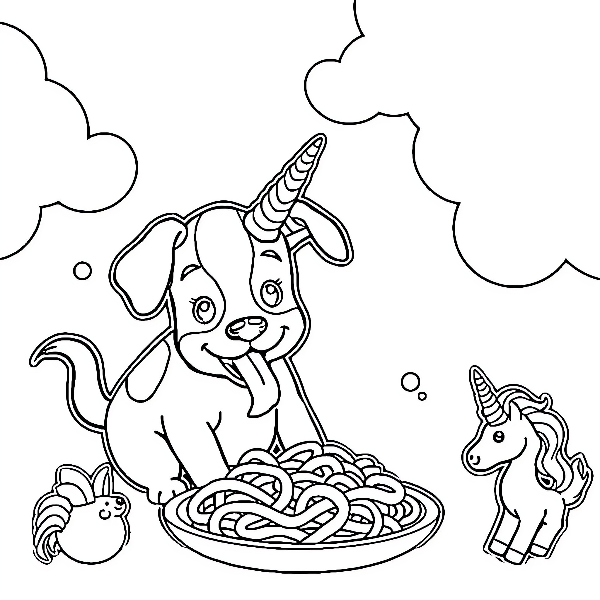 Mushroom Dog and Unicorn Eating Pasta Together Coloring Page (free black-and-white line drawing printable PDF for all, from beginners to advanced learners, including children, teens, adults, and seniors)