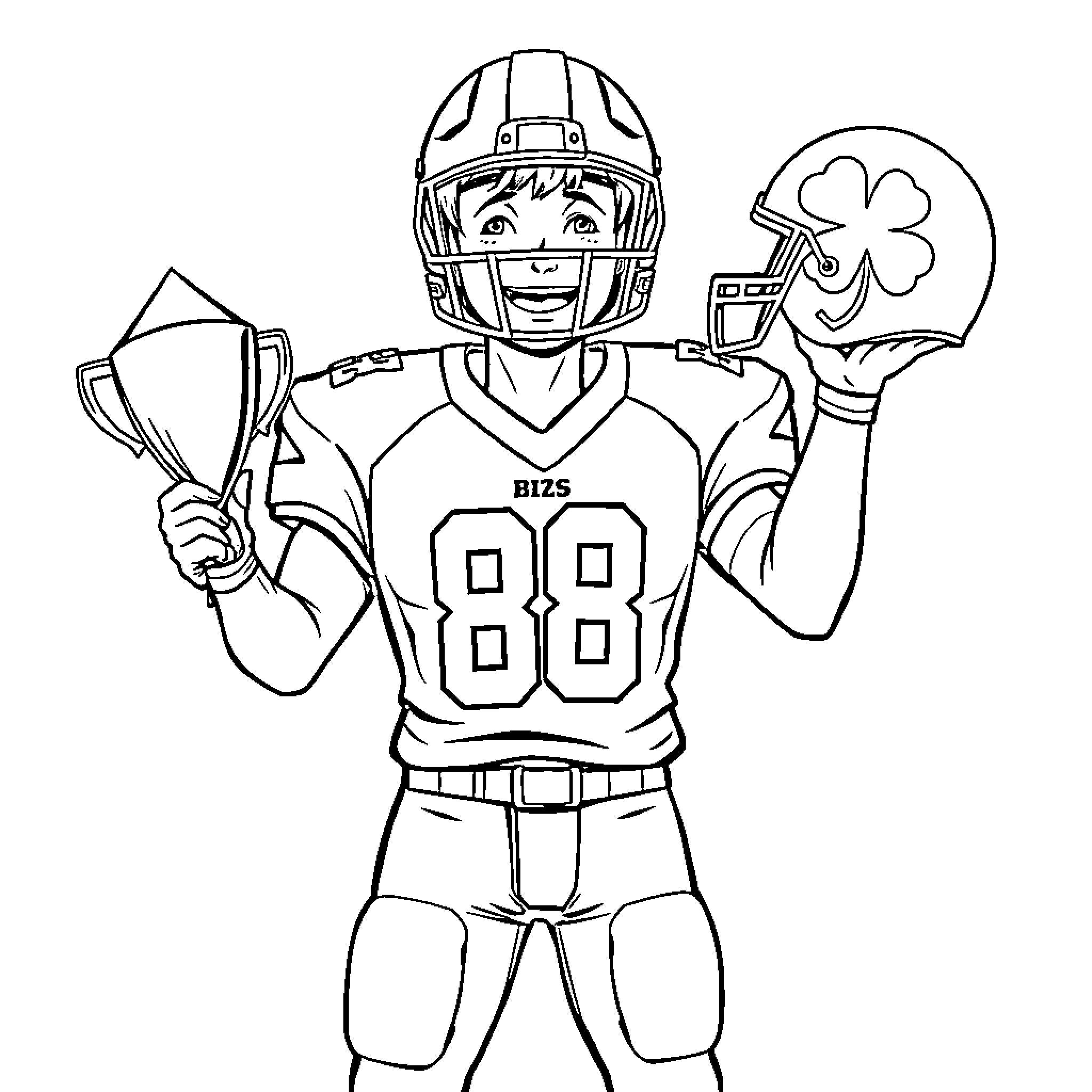 Football Player Celebrating Victory with Trophy Coloring Page (free black-and-white line drawing printable PDF for all, from beginners to advanced learners, including children, teens, adults, and seniors)