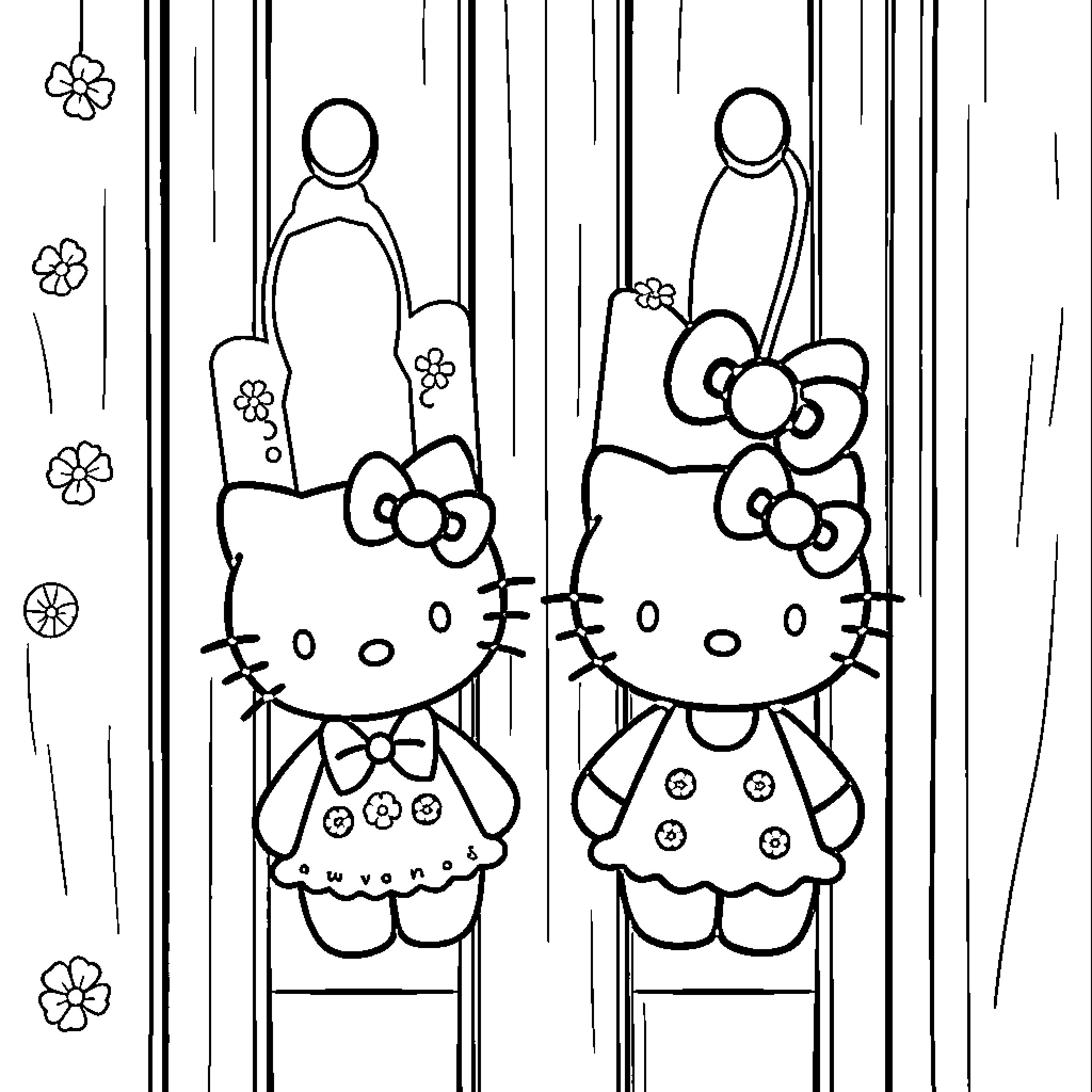 Hello Kitty Sisters in Flowery Outfits Coloring Page (free black-and-white line drawing printable PDF for all, from beginners to advanced learners, including children, teens, adults, and seniors)