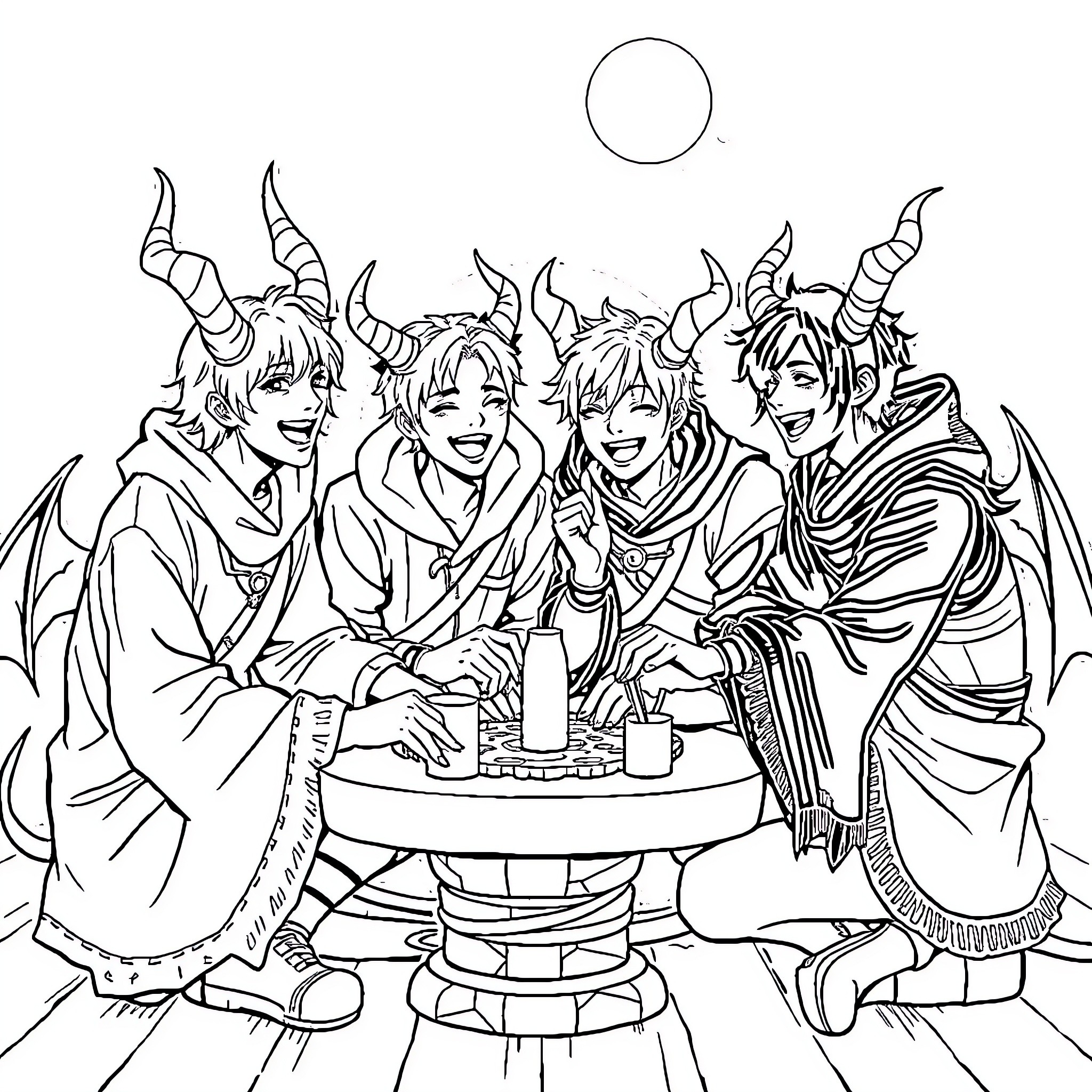 Demon Hunters Celebrating with Festive Drinks Coloring Page (free black-and-white line drawing printable PDF for all, from beginners to advanced learners, including children, teens, adults, and seniors)