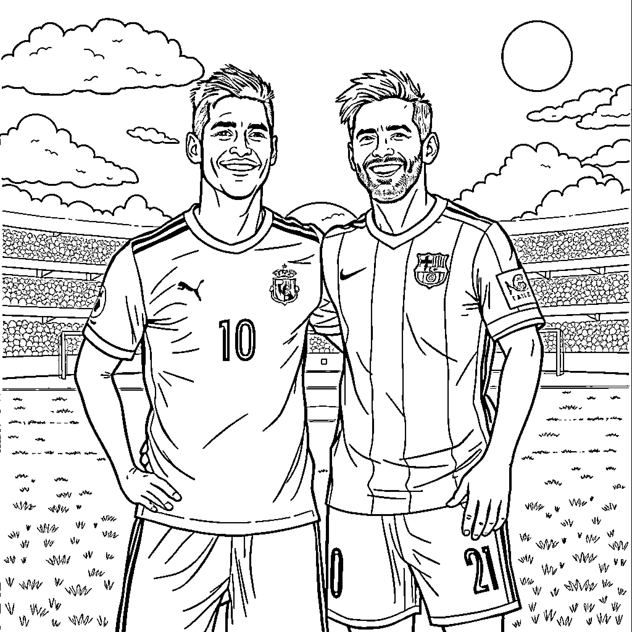 Ronaldo and teammate in football stadium Coloring Page (free black-and-white line drawing printable PDF for all, from beginners to advanced learners, including children, teens, adults, and seniors)