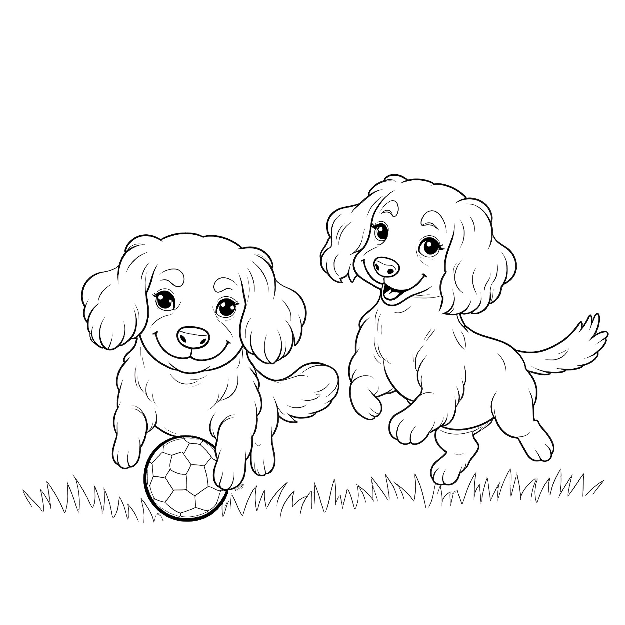 Cavalier King Charles Spaniels playing with a soccer ball Coloring Page (free black-and-white line drawing printable PDF for all, from beginners to advanced learners, including children, teens, adults, and seniors)