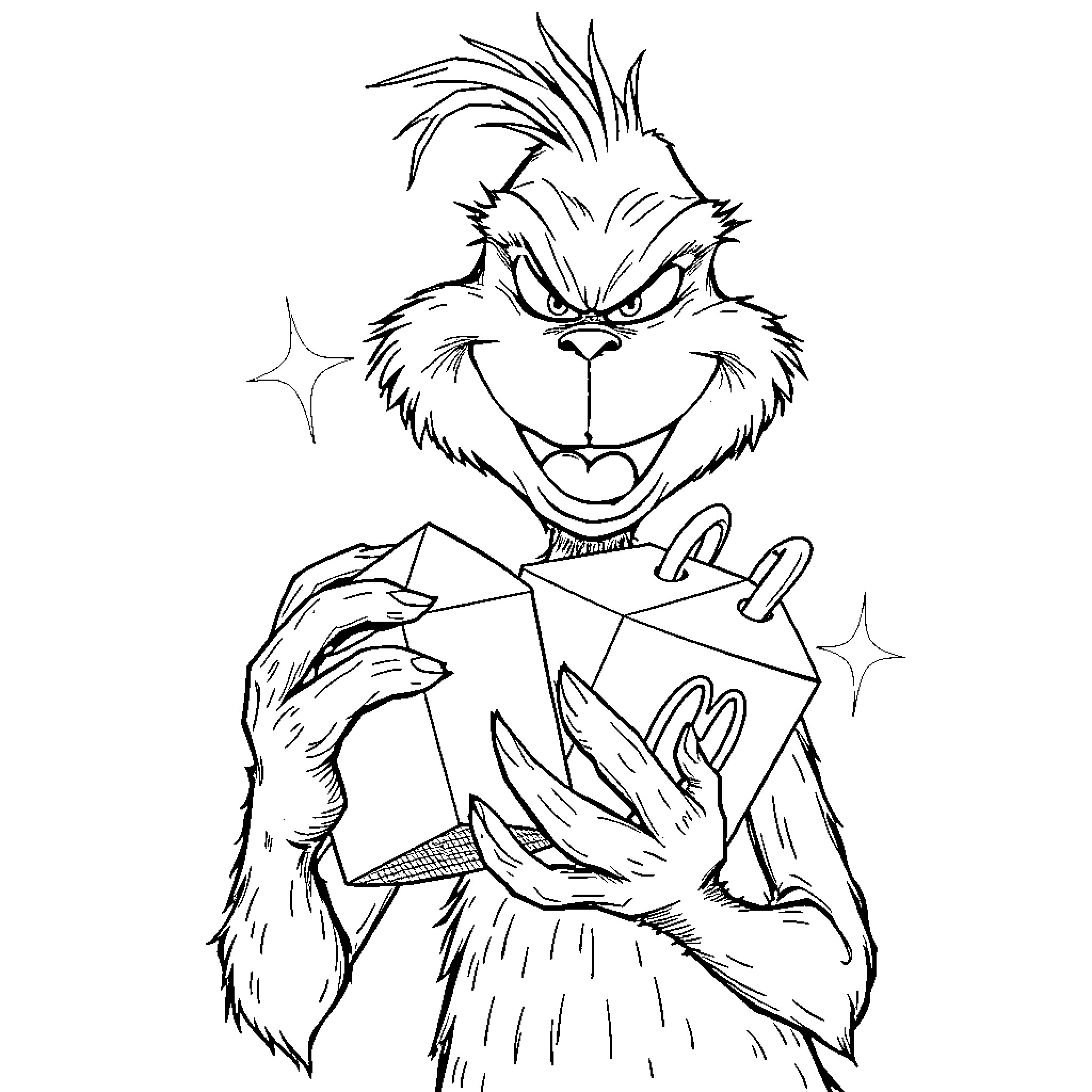 Grinch Holding Wrapped Present with Mischievous Expression Coloring Page (free black-and-white line drawing printable PDF for all, from beginners to advanced learners, including children, teens, adults, and seniors)