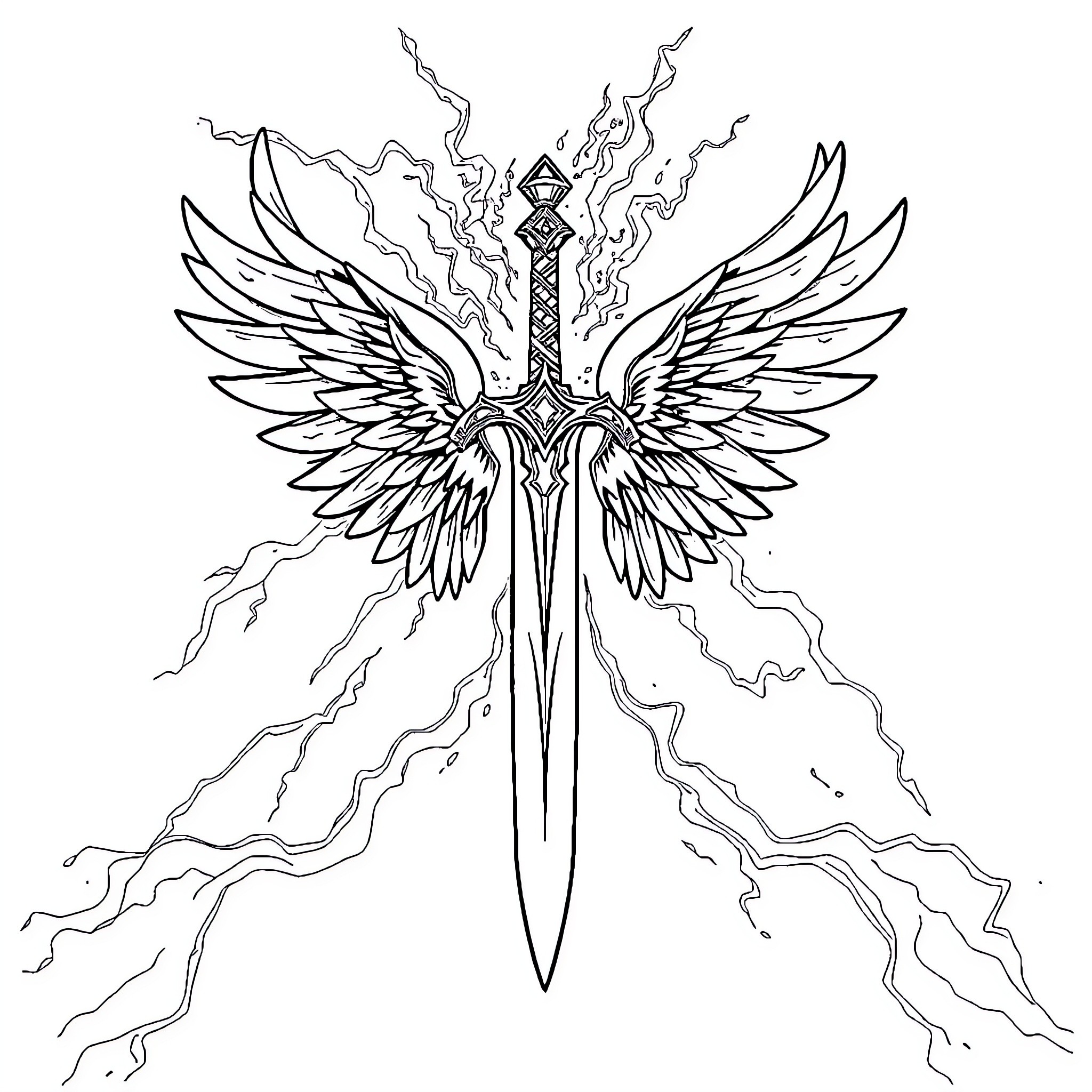 Sword with Angelic Wings and Lightning Coloring Page (free black-and-white line drawing printable PDF for all, from beginners to advanced learners, including children, teens, adults, and seniors)
