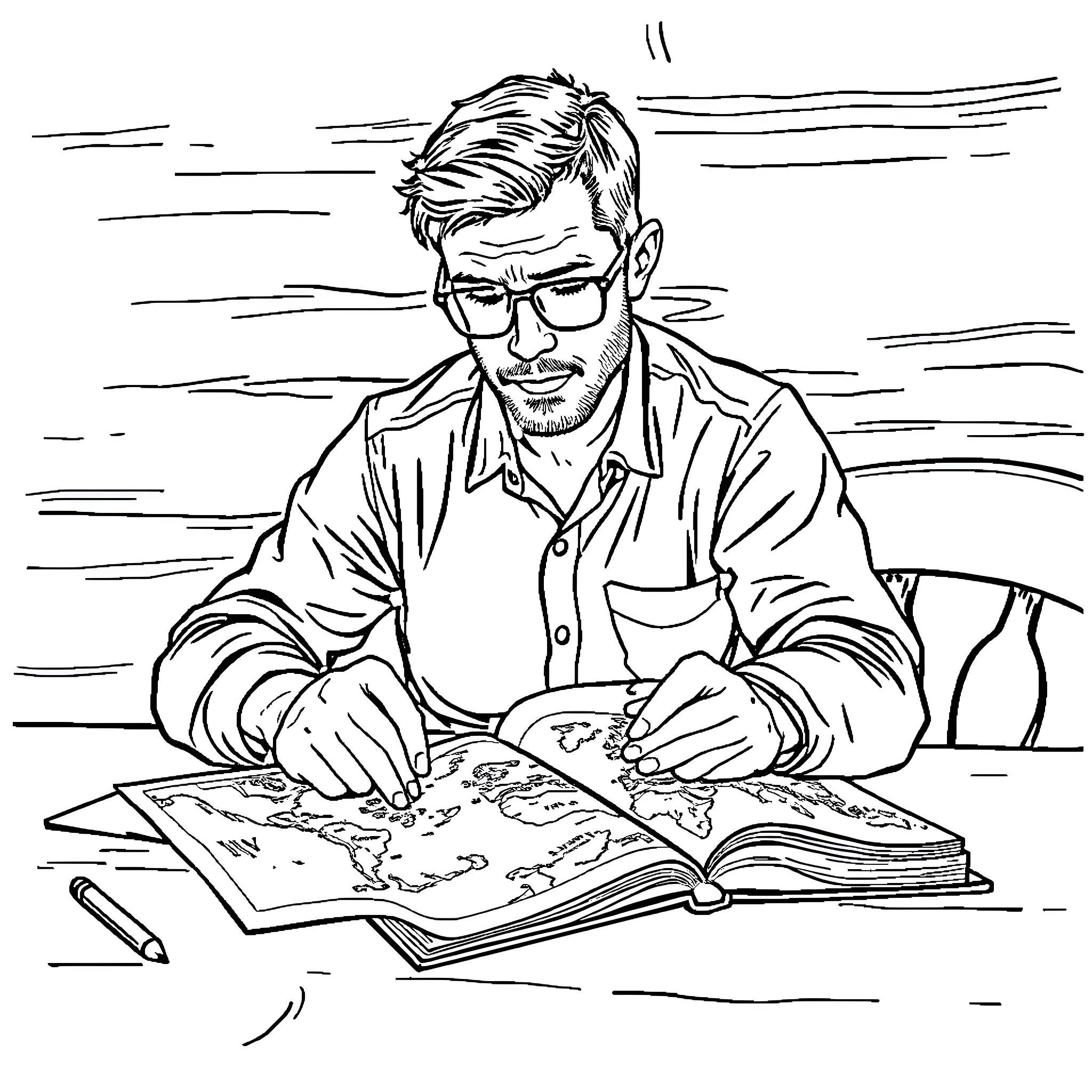 Man studying a map intently at his desk Coloring Page (free black-and-white line drawing printable PDF for all, from beginners to advanced learners, including children, teens, adults, and seniors)