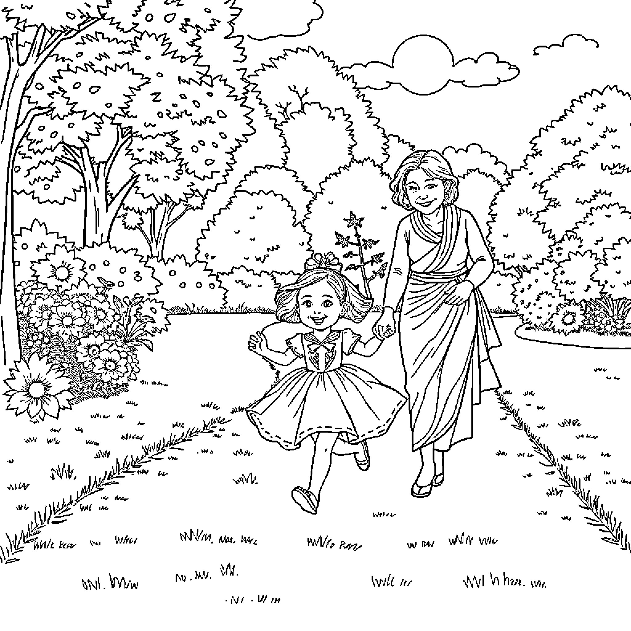 Girl Strolling with Mother in Flower Garden Coloring Page (free black-and-white line drawing printable PDF for all, from beginners to advanced learners, including children, teens, adults, and seniors)