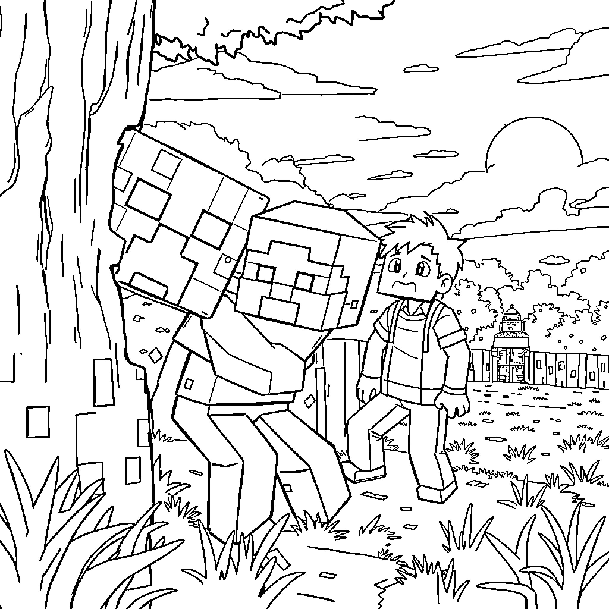 Creeper exploring the enchanting landscape Coloring Page (free black-and-white line drawing printable PDF for all, from beginners to advanced learners, including children, teens, adults, and seniors)