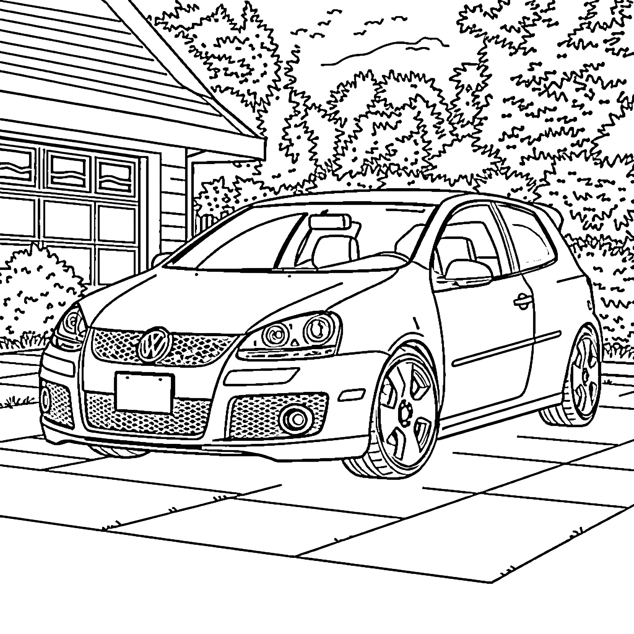Volkswagen hatchback parked in driveway Coloring Page (free black-and-white line drawing printable PDF for all, from beginners to advanced learners, including children, teens, adults, and seniors)