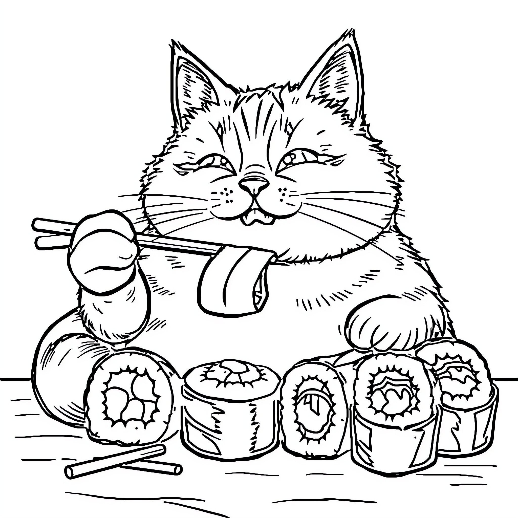 Cat enjoying sushi meal with chopsticks Coloring Page (free black-and-white line drawing printable PDF for all, from beginners to advanced learners, including children, teens, adults, and seniors)