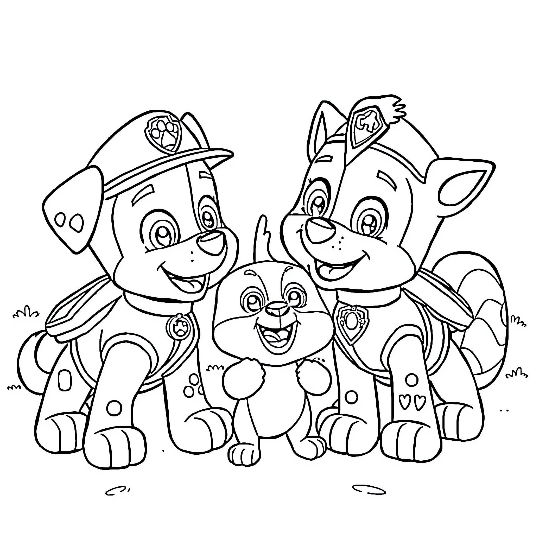 Paw Patrol characters in action poses Coloring Page (free black-and-white line drawing printable PDF for all, from beginners to advanced learners, including children, teens, adults, and seniors)