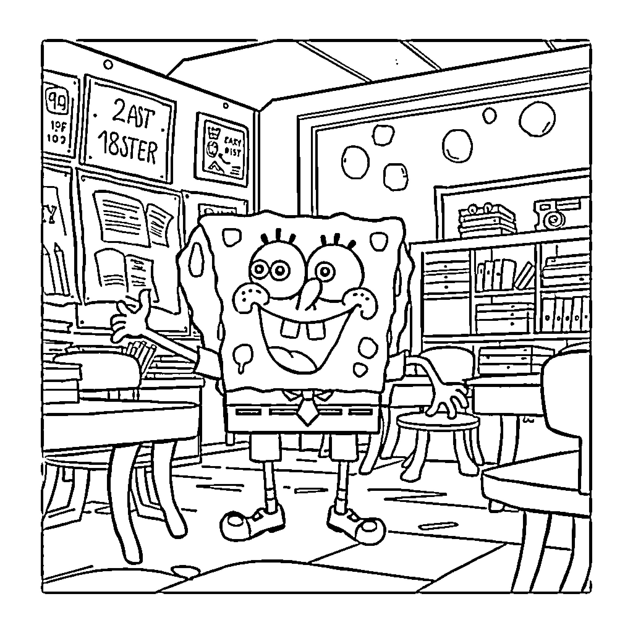 Spongebob in a Silly Classroom Setting Coloring Page (free black-and-white line drawing printable PDF for all, from beginners to advanced learners, including children, teens, adults, and seniors)